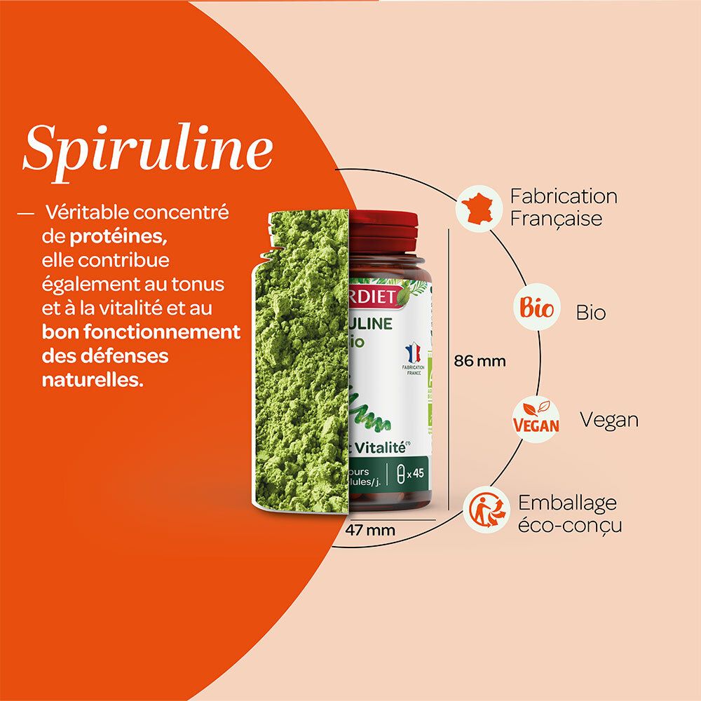 Graphique avec flacon et spiruline. Dimensions : 86 mm de haut, 47 mm de large. Bio, vegan, emballage éco-conçu.