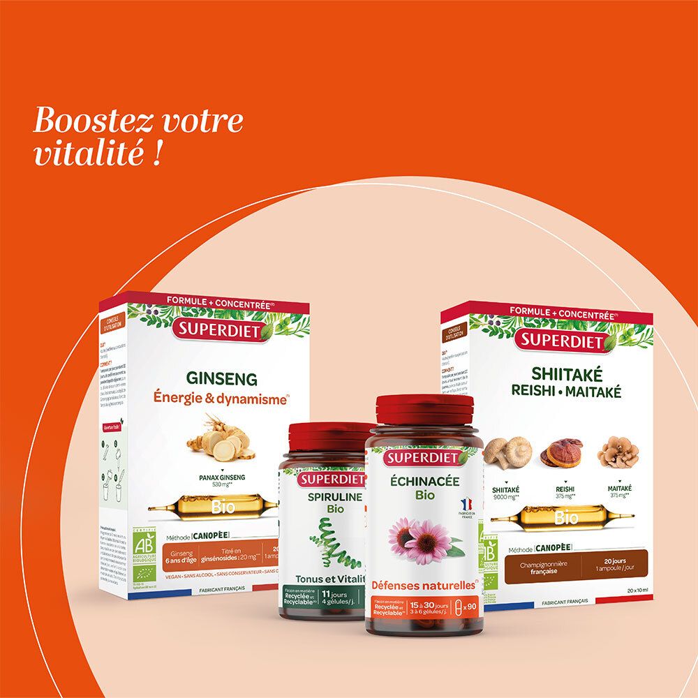 Plusieurs produits côte à côte. SUPER DIET Ginseng, Spiruline, Echinacée. Certification bio. Différents emballages.