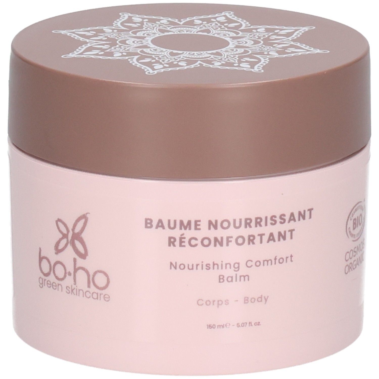 Pot rose avec couvercle marron. Motif blanc sur le couvercle. Inscription "BAUME NOURRISSANT RÉCONFORTANT" sur le pot.