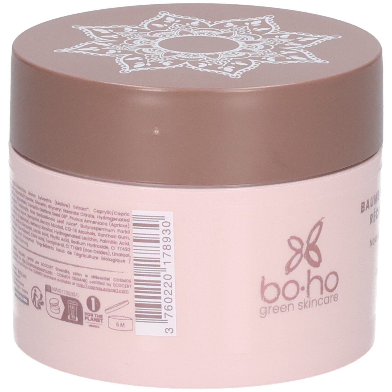 Dos du pot rose. Inscriptions avec ingrédients et informations. Code-barres et logos.