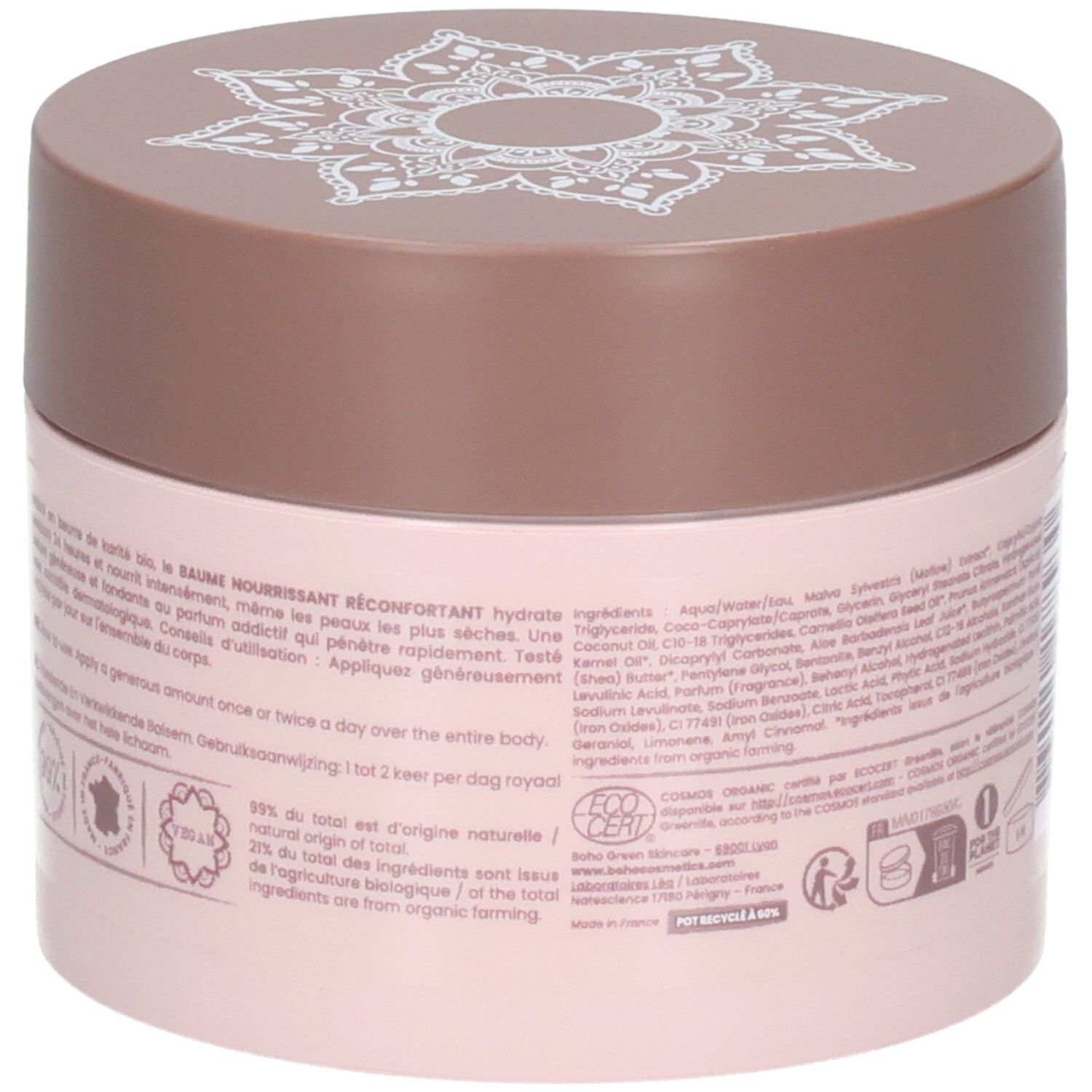 Dos du pot rose. Texte avec informations et logos. Inscription "COSMOS ORGANIC".