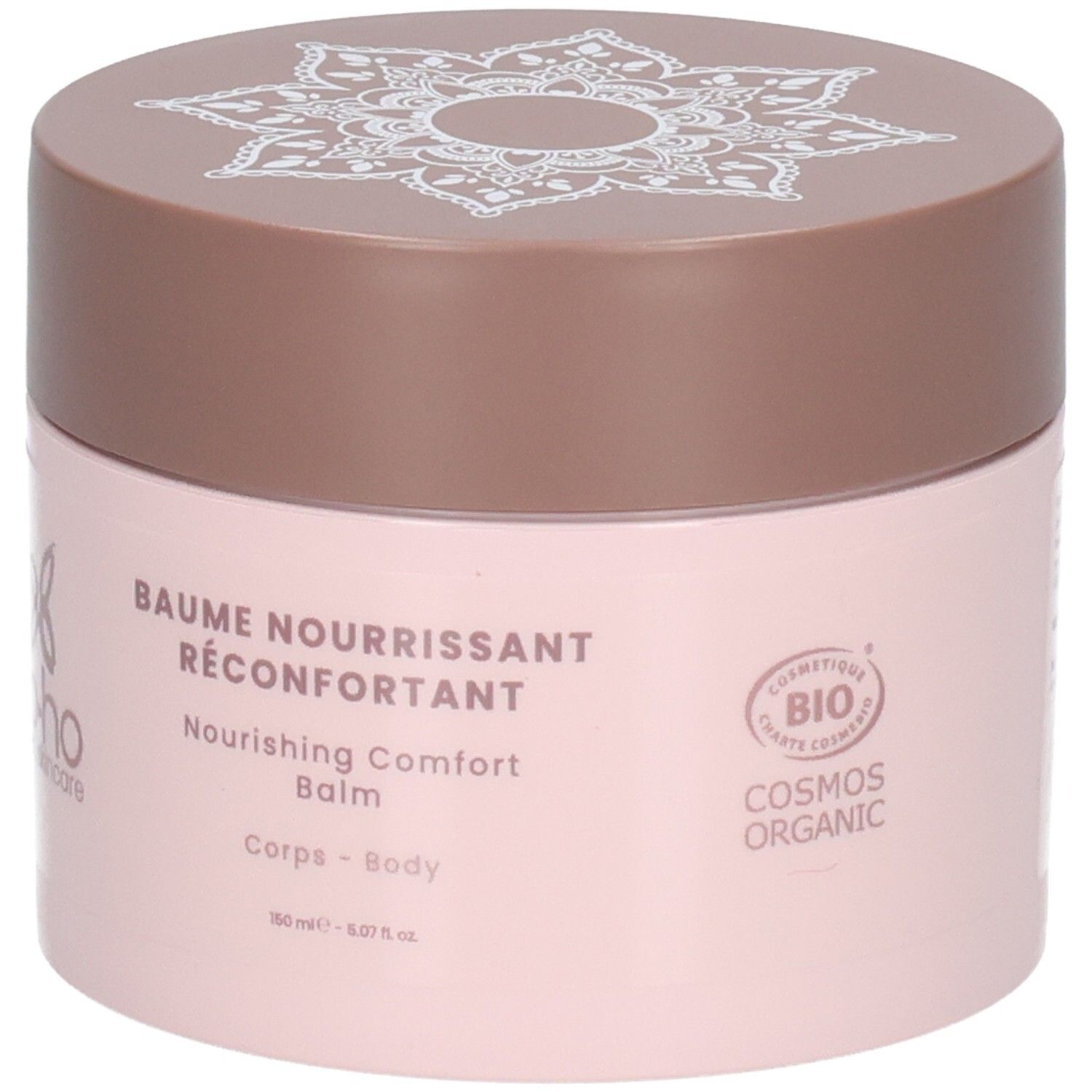 Pot rose avec couvercle marron. Motif blanc sur le couvercle. Inscription "BAUME NOURRISSANT RÉCONFORTANT".