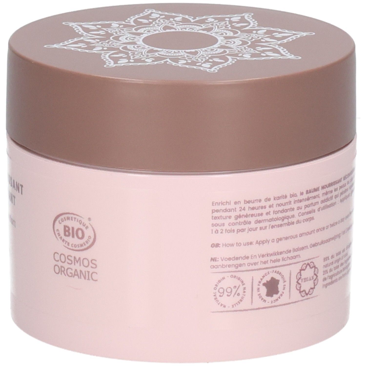 Dos du pot rose. Texte avec informations et logos. Inscription "COSMOS ORGANIC".