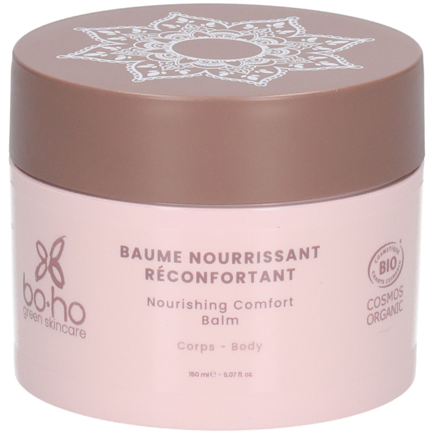 Pot rose avec couvercle marron. Motif blanc sur le couvercle. Inscription "BAUME NOURRISSANT RÉCONFORTANT".