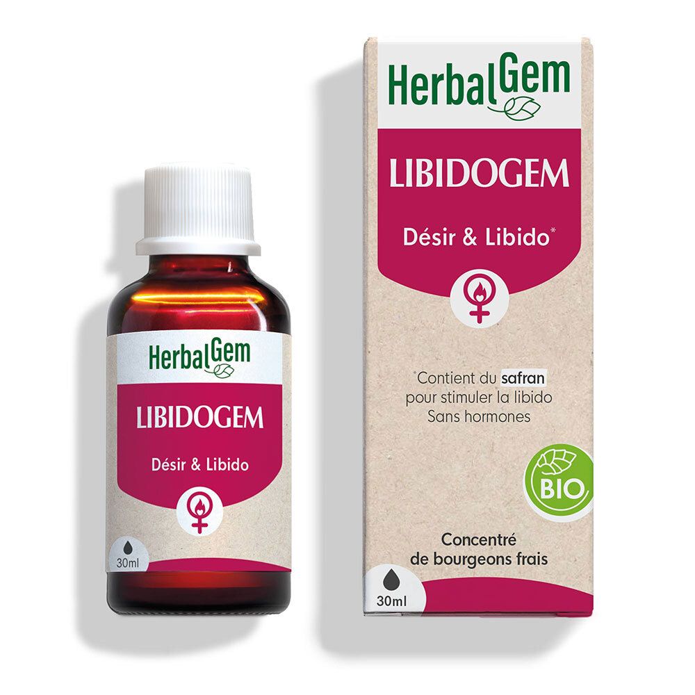 Flacon et boîte HerbalGem Libidogem. Contient du safran. Certification Bio. Désir & Libido.