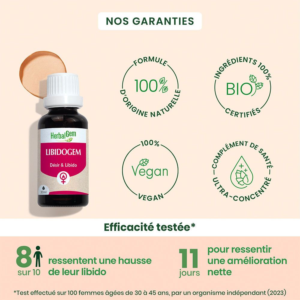 Produit avec ingrédients 100% naturels, vegan, certifié Bio. Efficacité testée. 8 femmes sur 10.