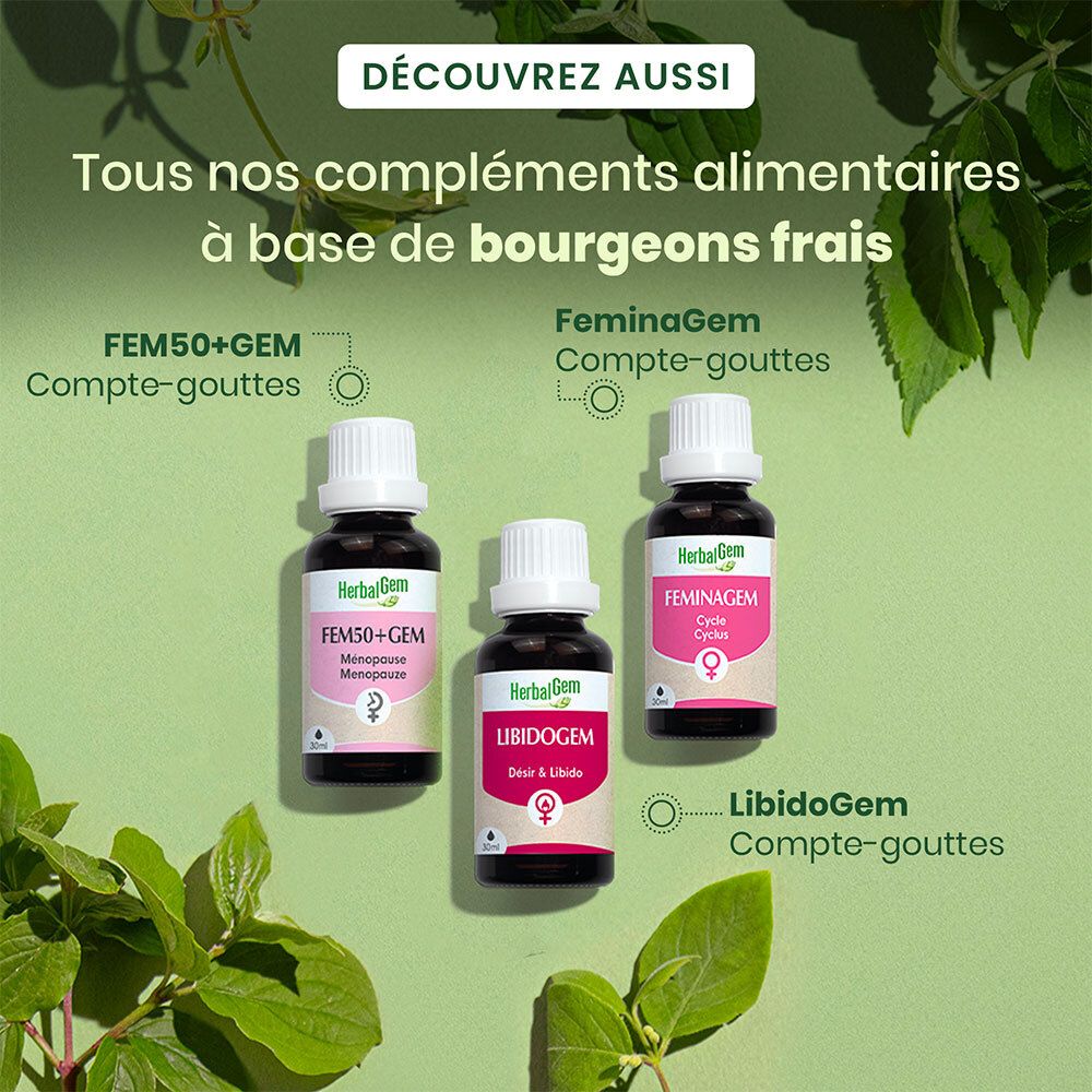 Flacon brun HerbalGem Libidogem. Inscription : Désir & Libido. 30ml. Certification Bio.