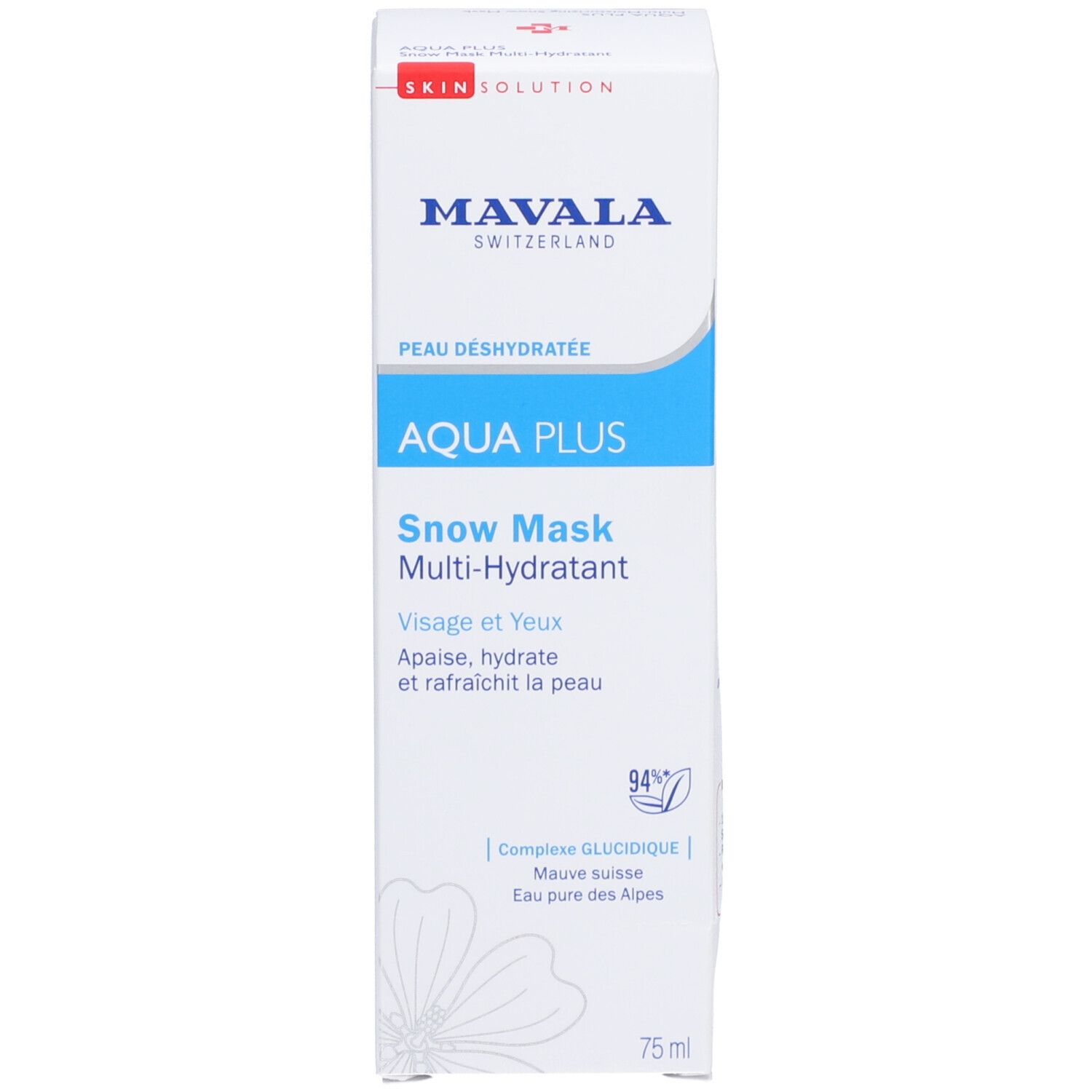 Boîte blanche avec accents bleus. Mavala AQUA PLUS Snow Mask. Texte: Peau Déshydratée, 75 ml.