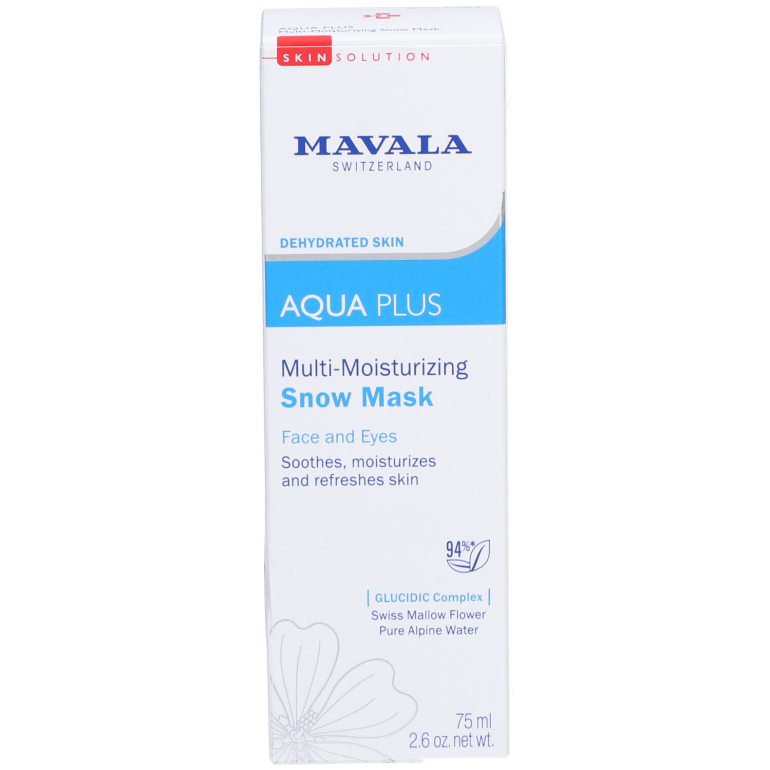 Boîte blanche. Mavala AQUA PLUS Snow Mask. Texte: Peau déshydratée, 75 ml, 2.6 oz net. wt.