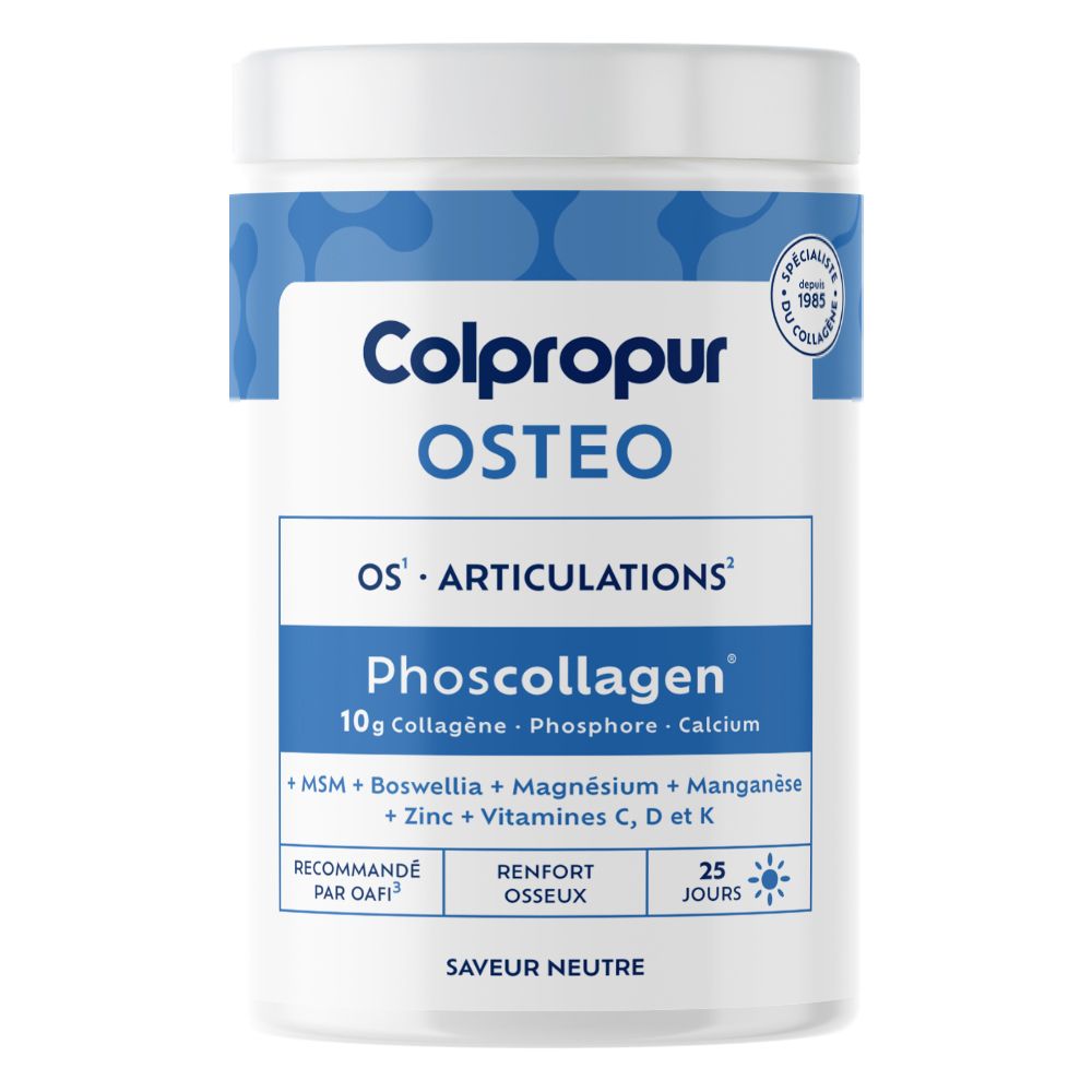 Boîte de poudre Colpropur Osteo Phoscollagen avec informations sur le collagène, le phosphore et le calcium.