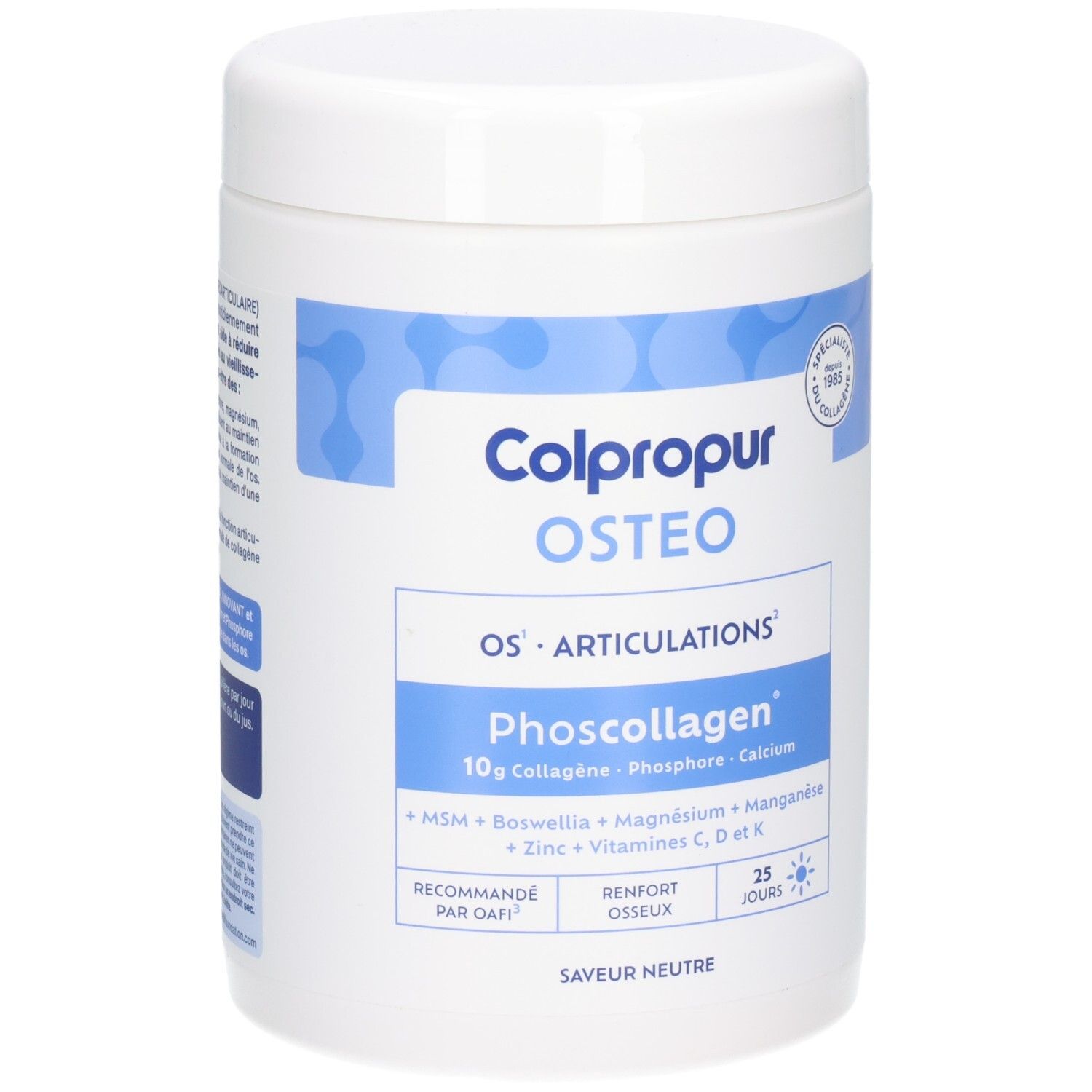 Boîte de poudre Colpropur Osteo Phoscollagen, dos arrière avec instructions d'utilisation et ingrédients détaillés.
