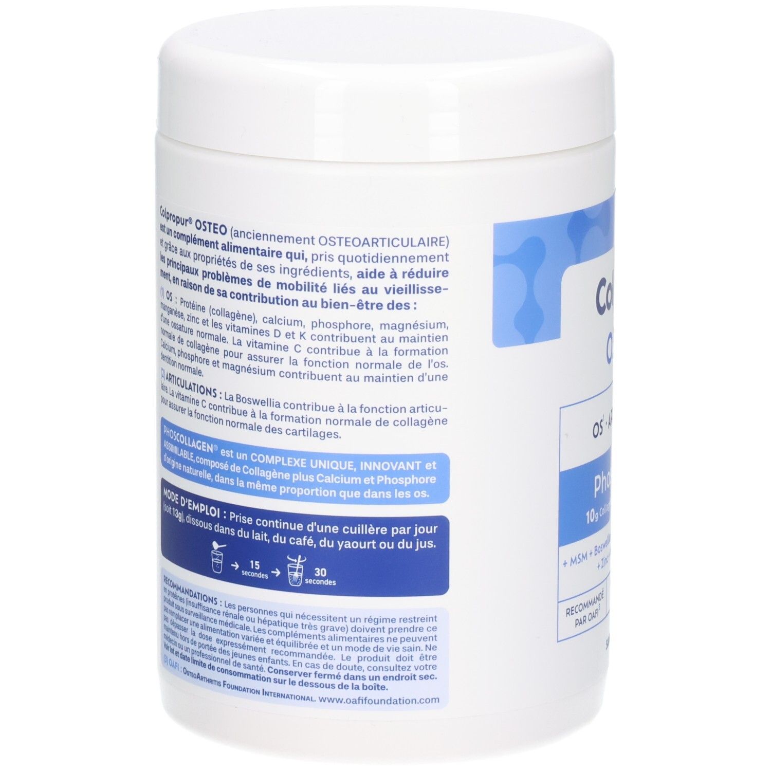 Boîte de poudre Colpropur Osteo Phoscollagen, vue latérale avec informations nutritionnelles détaillées et ingrédients.
