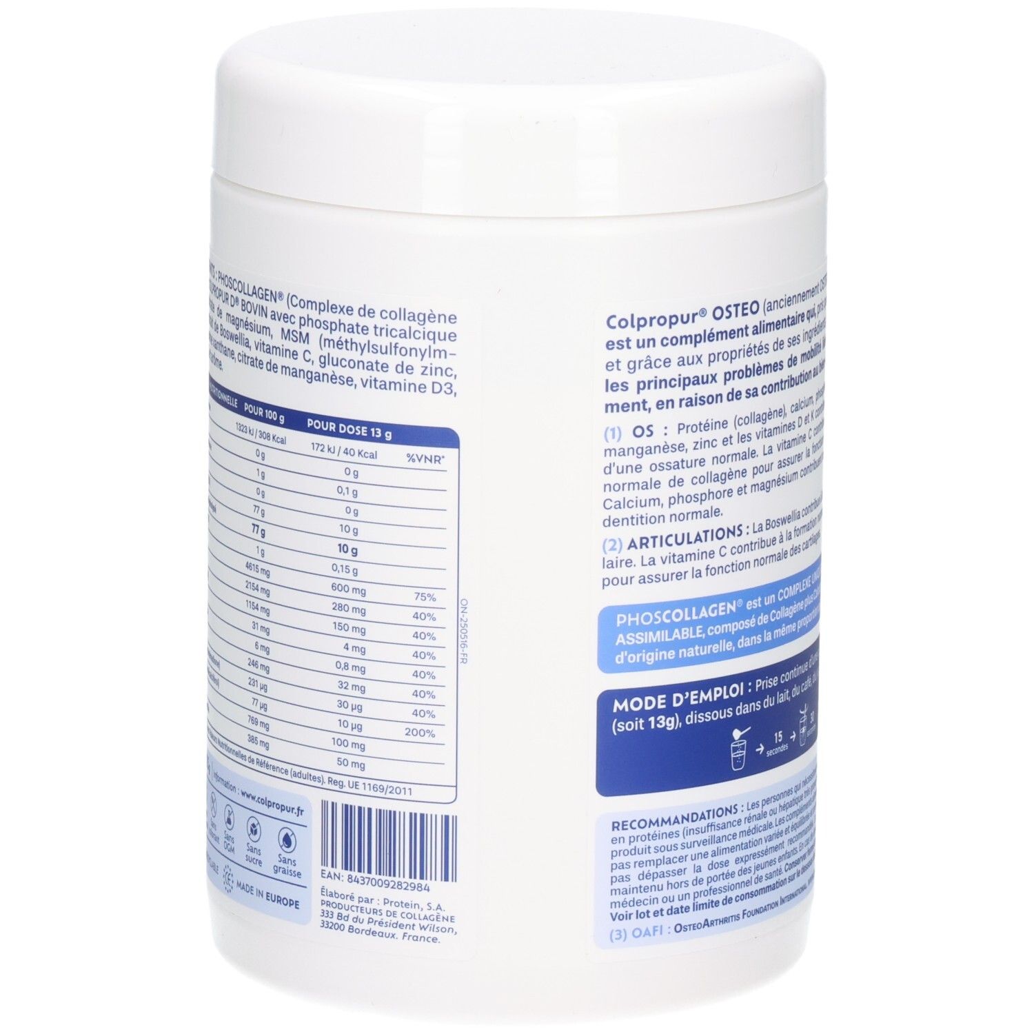 Boîte de poudre Colpropur Osteo Phoscollagen, face avant mettant en avant les ingrédients comme le collagène, le phosphore et le calcium.