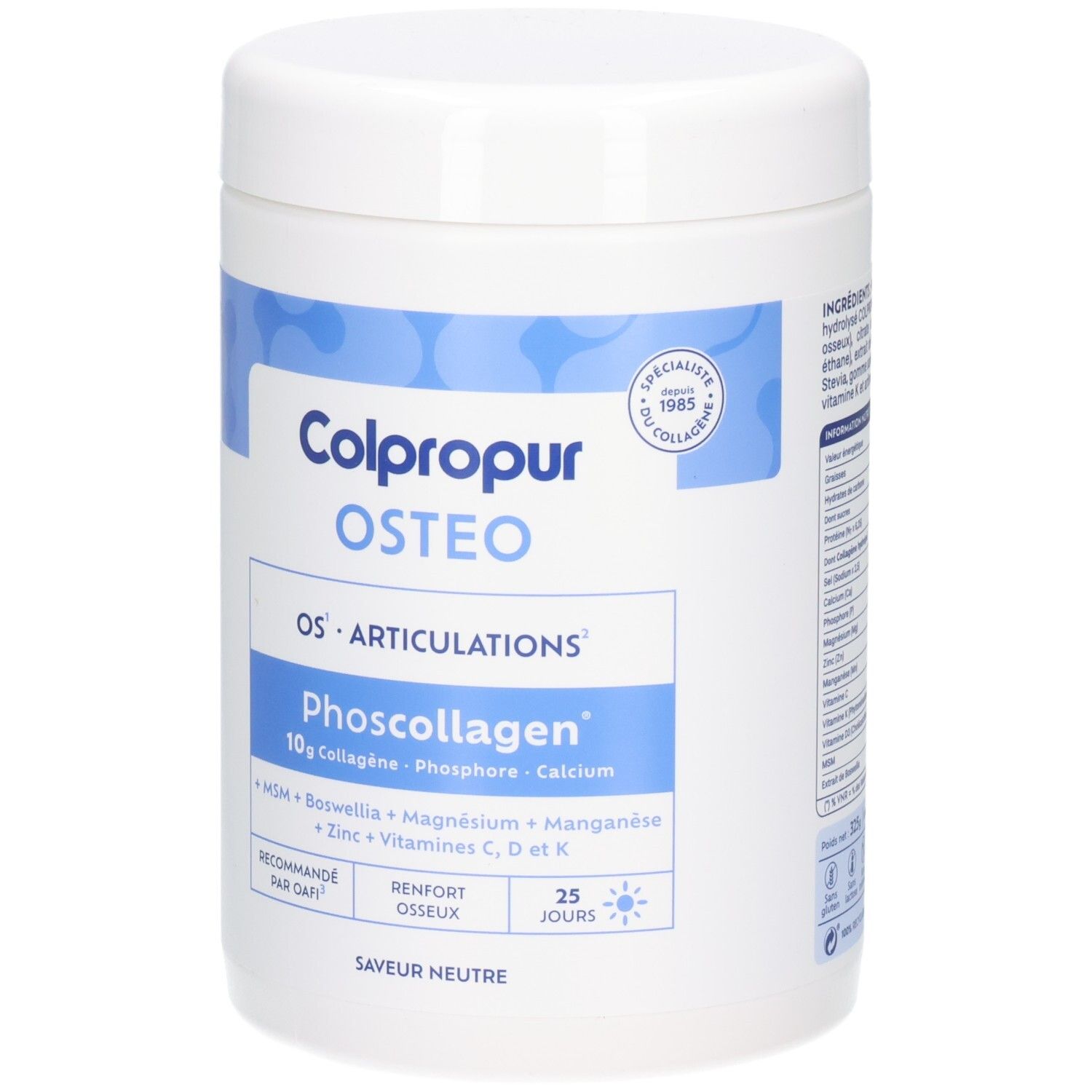 Boîte de poudre Colpropur Osteo Phoscollagen, dos avec informations détaillées sur les valeurs nutritionnelles et les ingrédients.