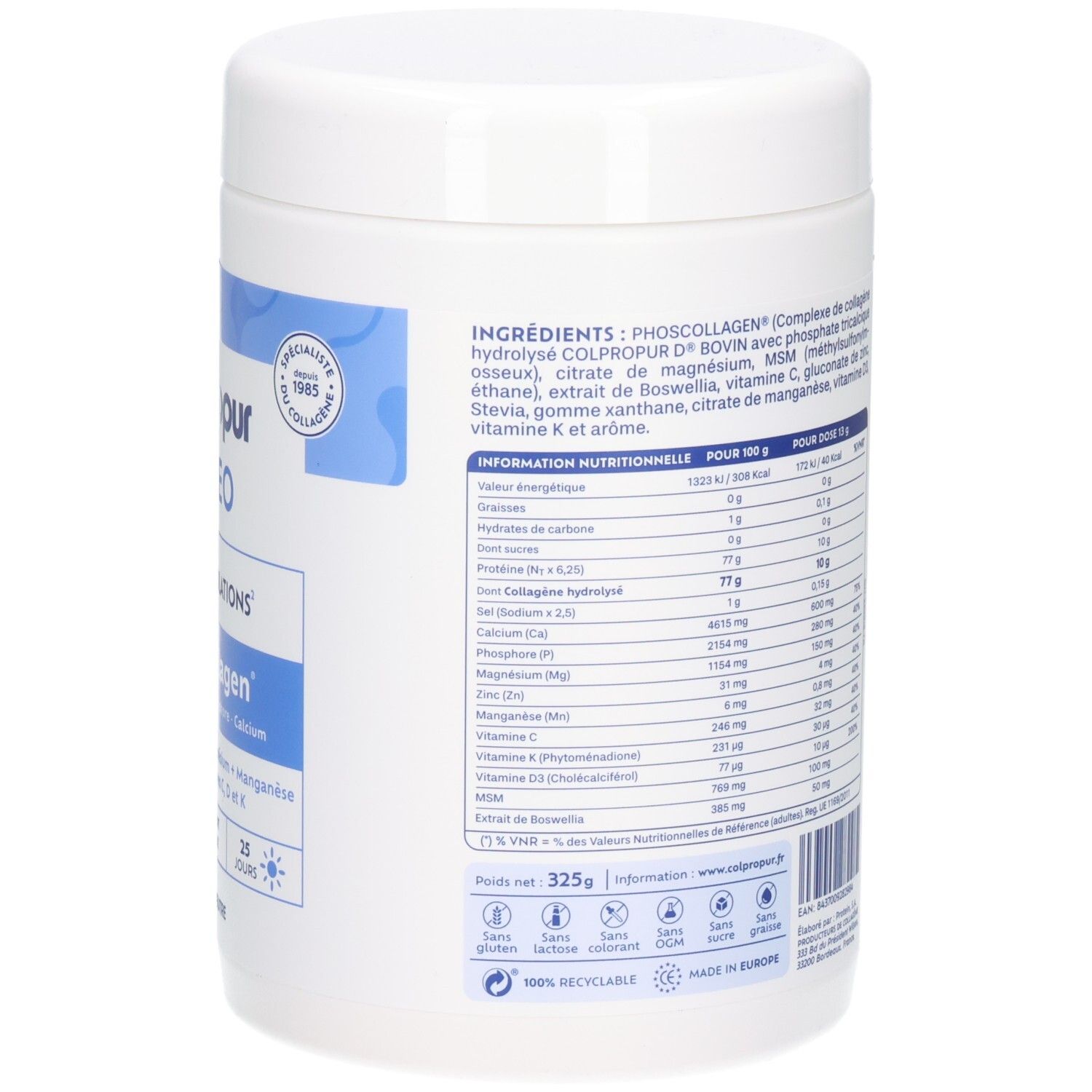 Boîte de poudre Colpropur Osteo Phoscollagen, face avant avec nom du produit et mise en avant du collagène, phosphore, calcium.