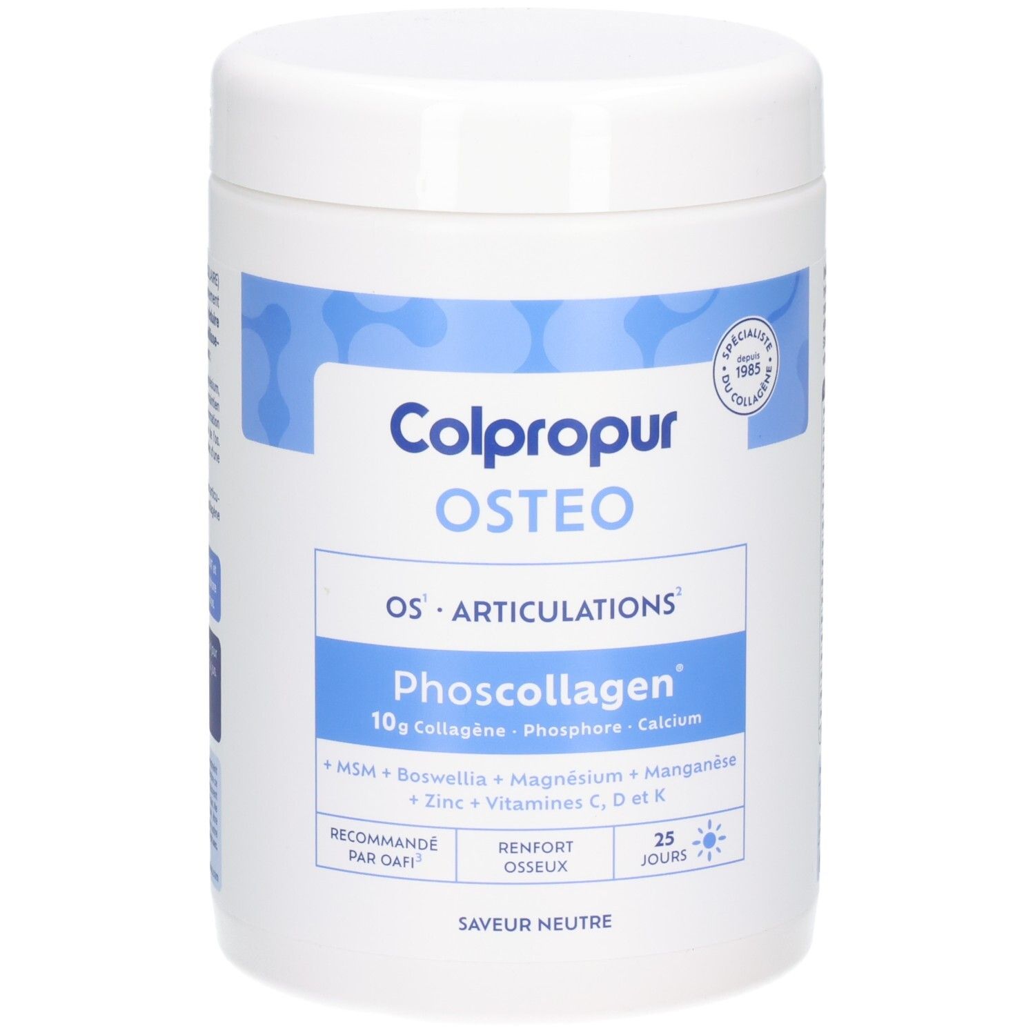 Boîte de poudre Colpropur Osteo Phoscollagen, face avant avec informations sur les ingrédients et les instructions d'utilisation.