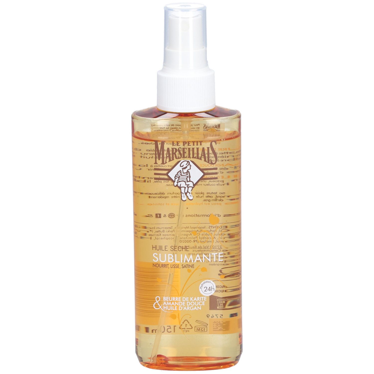 Flacon d'huile. Inscription: Le Petit Marseillais, Huile Seche Sublimante. Contient karité, amande, huile d'argan. Hydratation 24H.