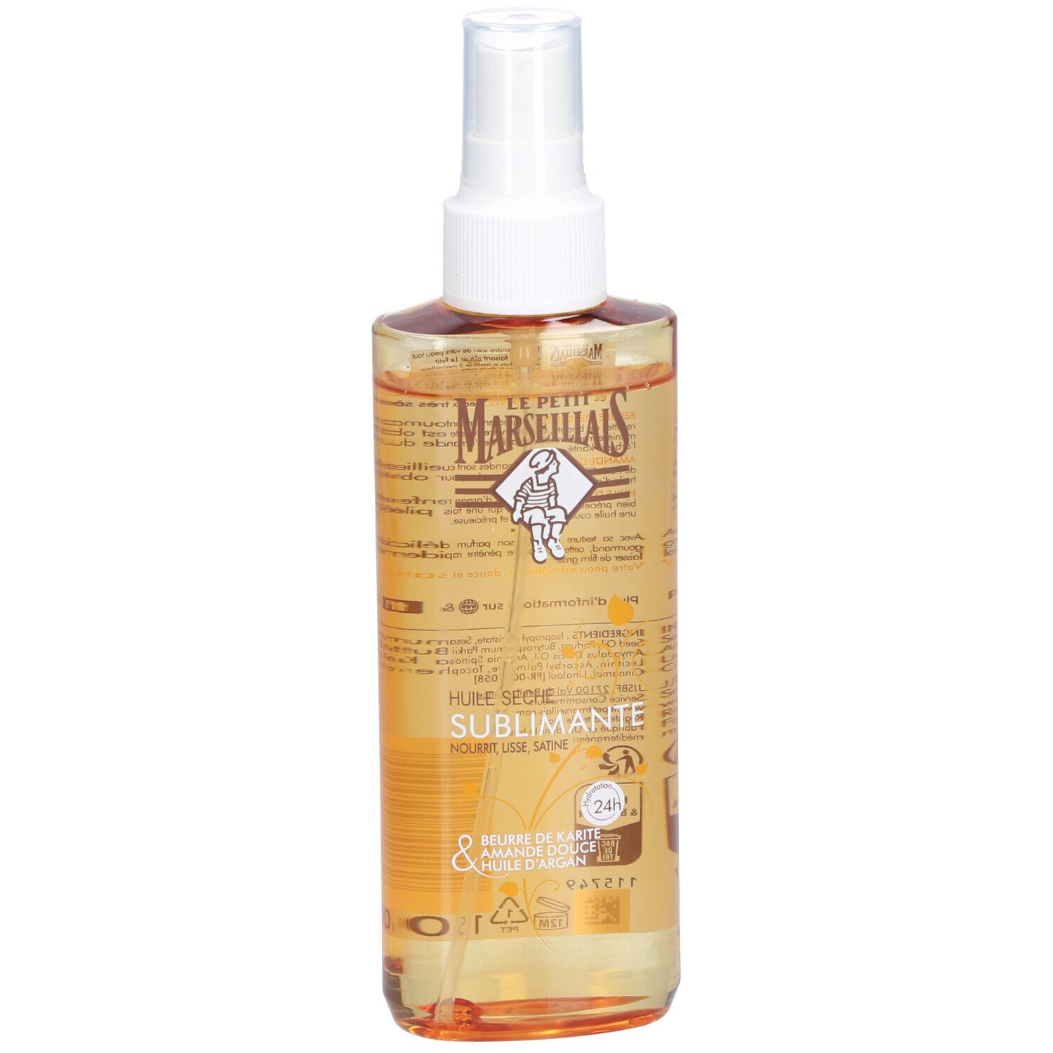 Flacon d'huile. Inscription: Le Petit Marseillais, Huile Seche Sublimante. Contient karité, amande, huile d'argan. Hydratation 24H.