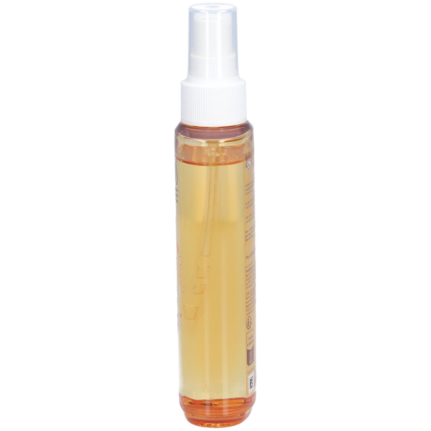 Flacon d'huile. Inscription: Le Petit Marseillais, Huile Seche Sublimante. Contient karité, amande, huile d'argan.