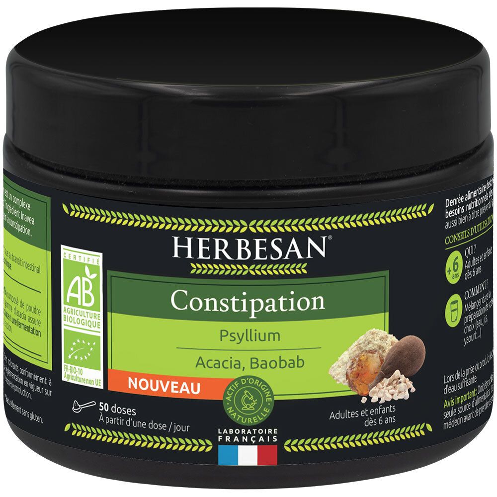 Pot noir avec étiquette. Inscription: HERBESAN Constipation, Psyllium, Acacia, Baobab. Certification biologique.