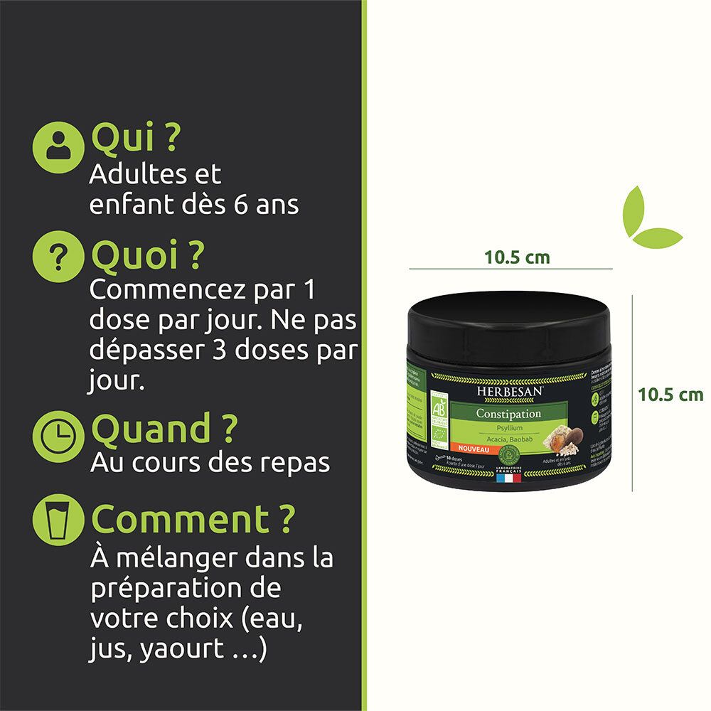 Graphique avec questions et réponses. Qui? Dès 6 ans. Quoi? 1 dose/jour. Quand? Aux repas. Comment? Mélanger. Dimensions: 10,5 cm.
