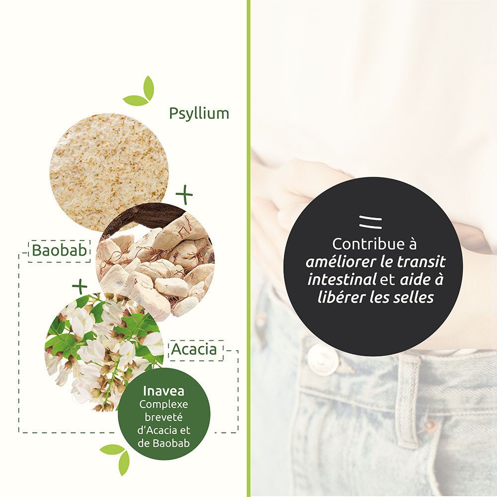 Graphique avec ingrédients: Psyllium, Baobab, Acacia. Texte: Améliore le transit intestinal et aide à libérer les selles.