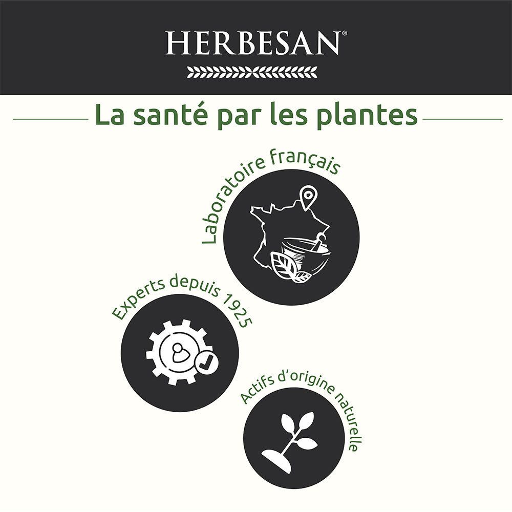 Graphique avec logos: HERBESAN, Laboratoire français, Experts depuis 1925, Actifs d'origine naturelle.