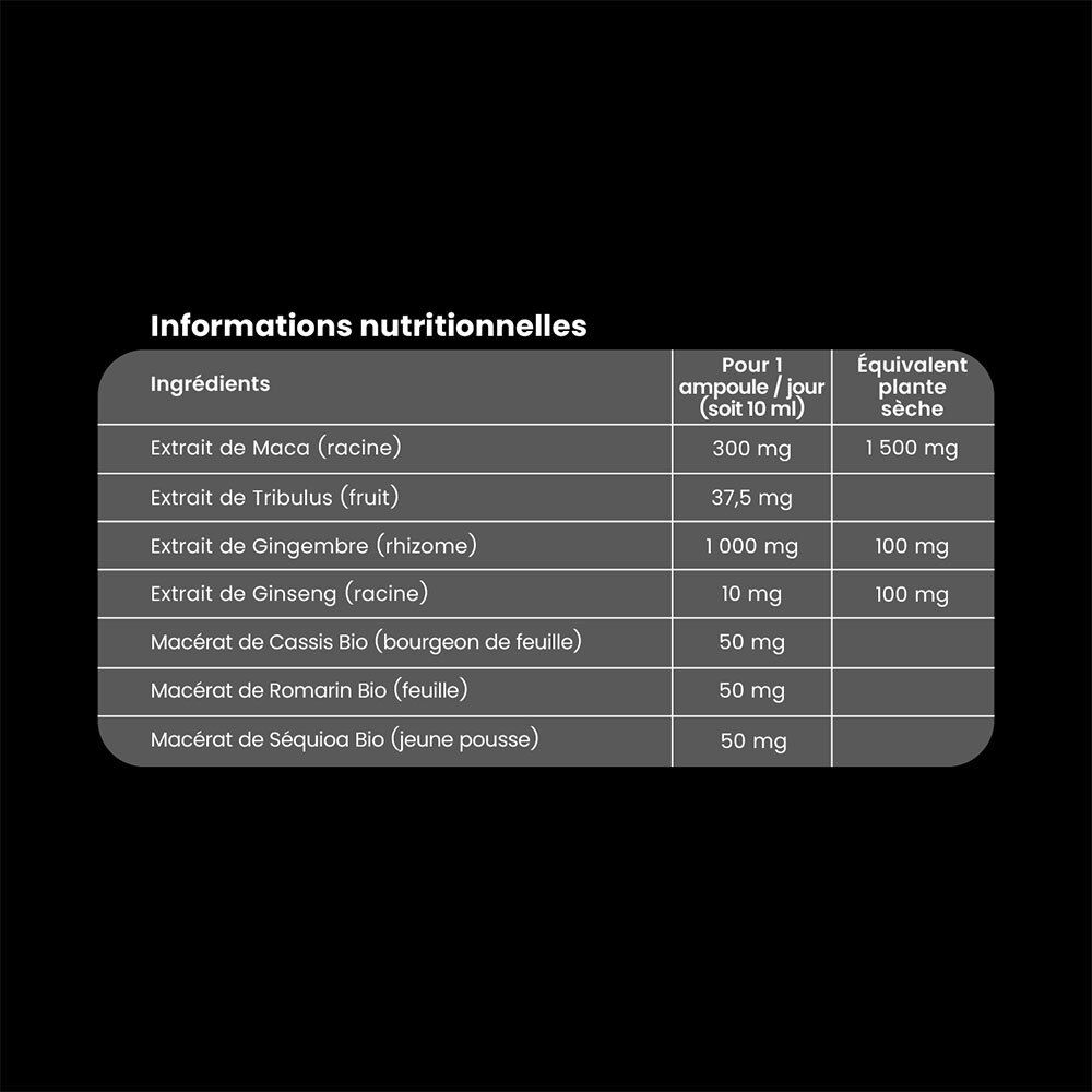 Informations nutritionnelles. Ingrédients : Extrait de Maca, Extrait de Tribulus, Extrait de Gingembre, Extrait de Ginseng, Extrait de Cassis, Extrait de Romarin.