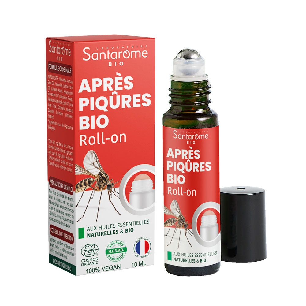 Santarome Après-Piqûres Bio Roll-on. Boîte rouge avec image et texte. Contient 10 ml.