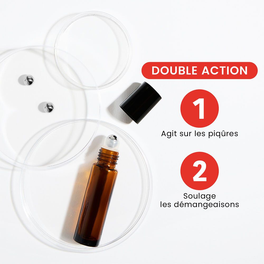 Flacon roll-on brun avec bouchon noir. Inscription : Après Piqûres Bio Roll-on. Double action.
