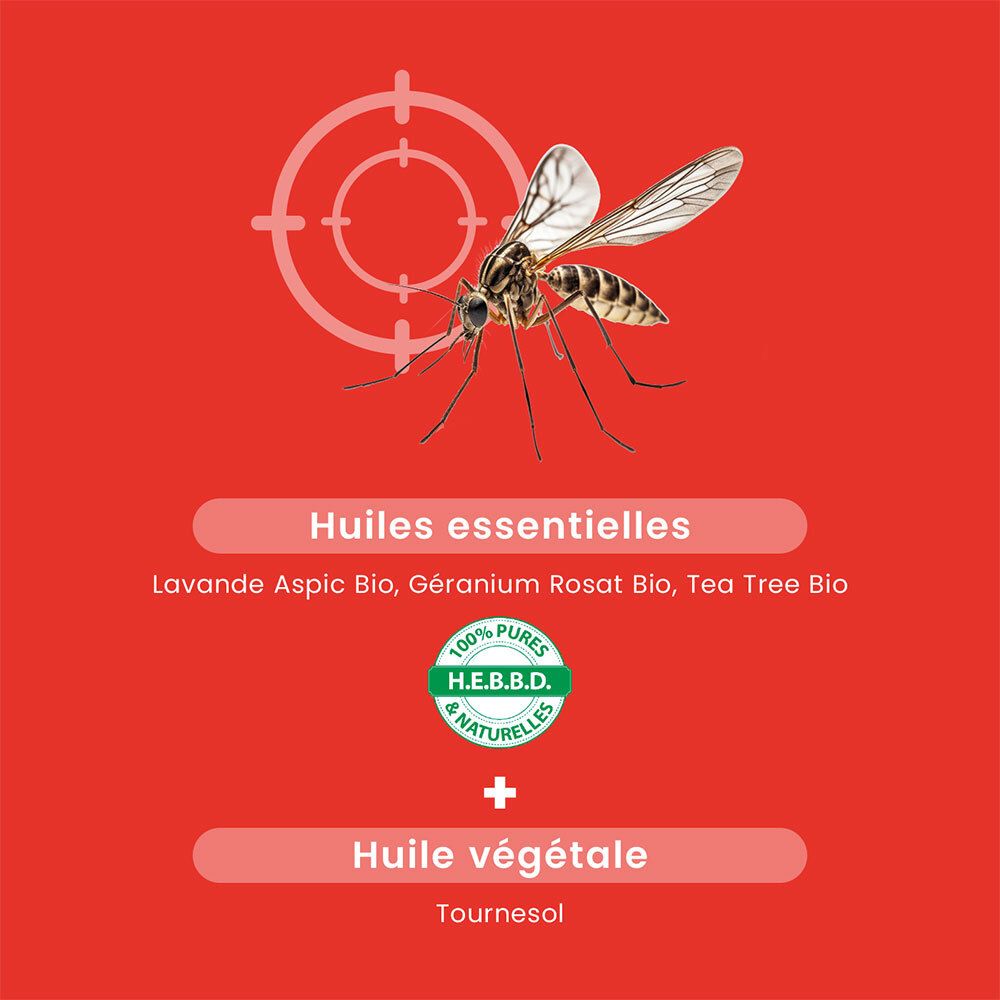 Fond rouge avec ingrédients et logo. Lavande, Géranium, Tea Tree et Huile de tournesol.