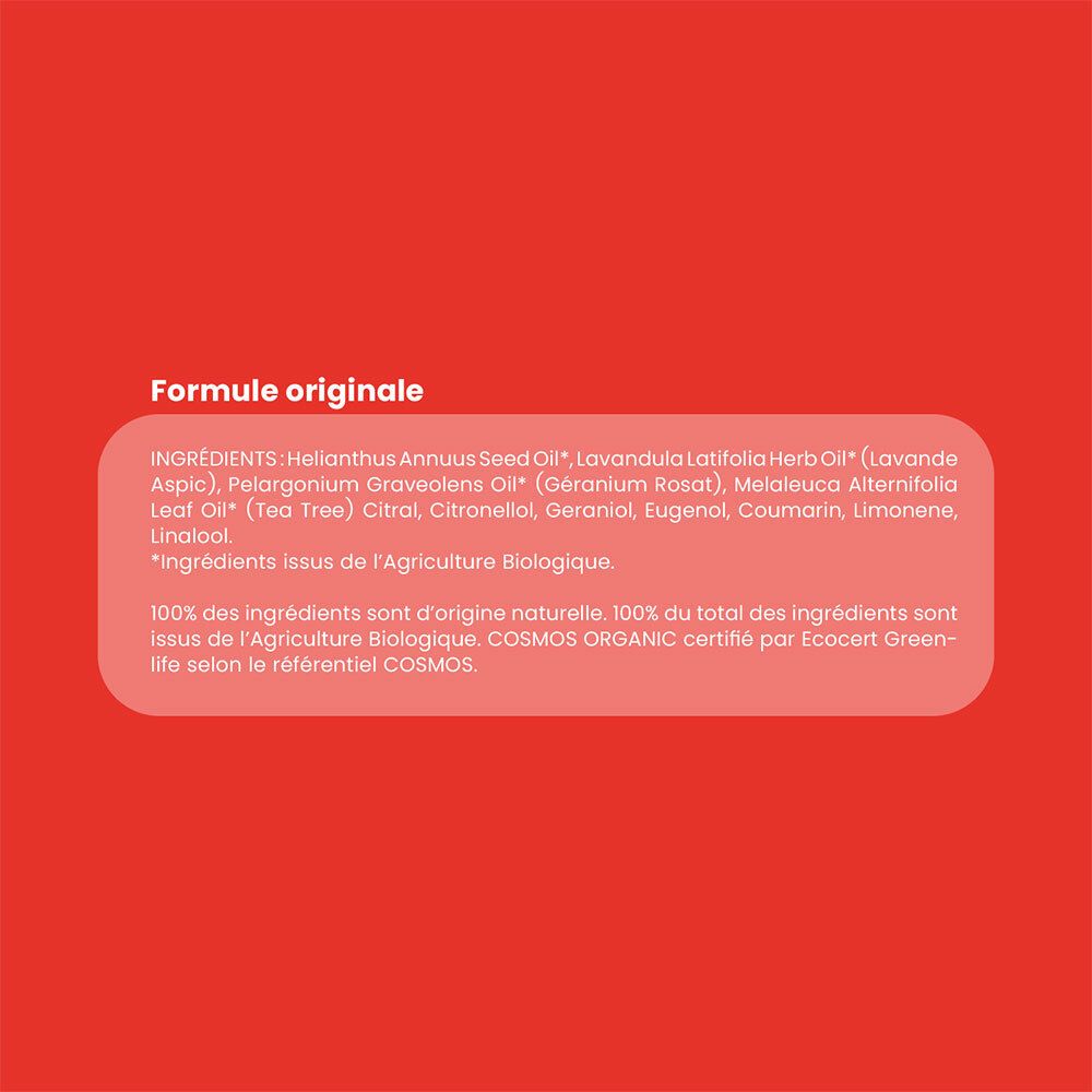 Fond rouge avec ingrédients. Helianthus Annuus Seed Oil, Lavandula Latifolia Herb Oil, etc.