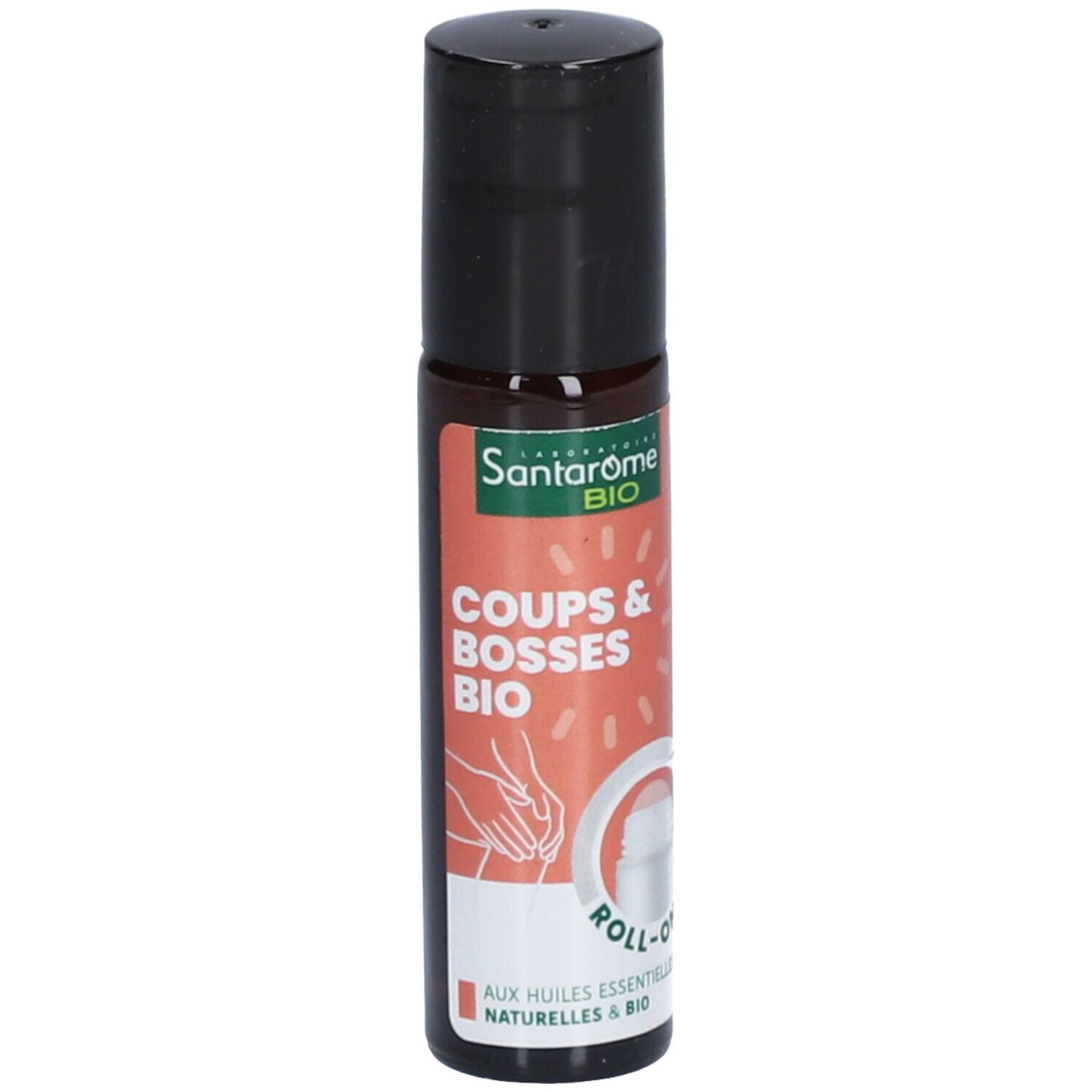 Flacon roll-on brun avec bouchon noir. Étiquette avec nom du produit et logo.