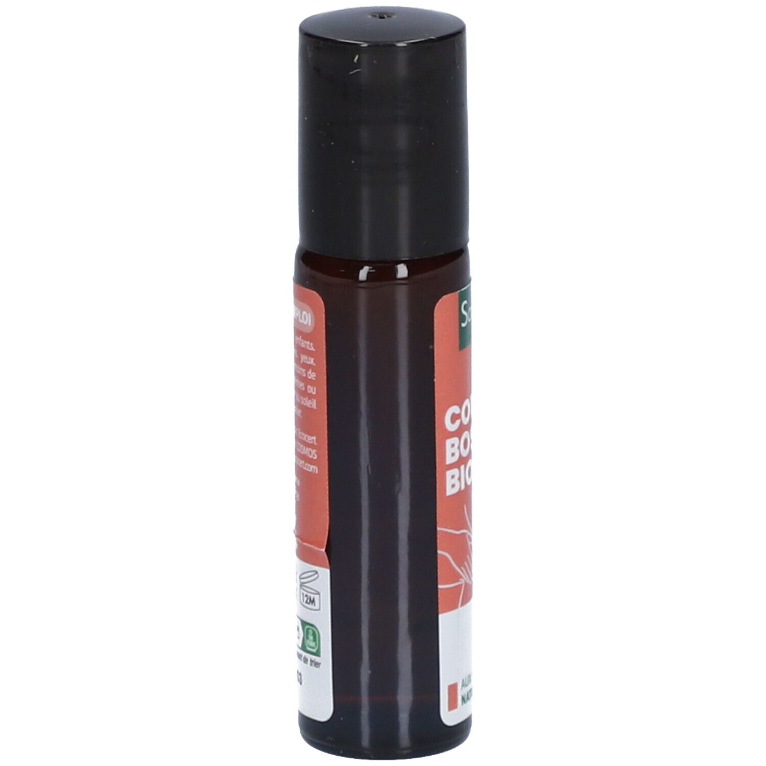 Flacon roll-on brun avec bouchon noir. Étiquette avec informations produit.
