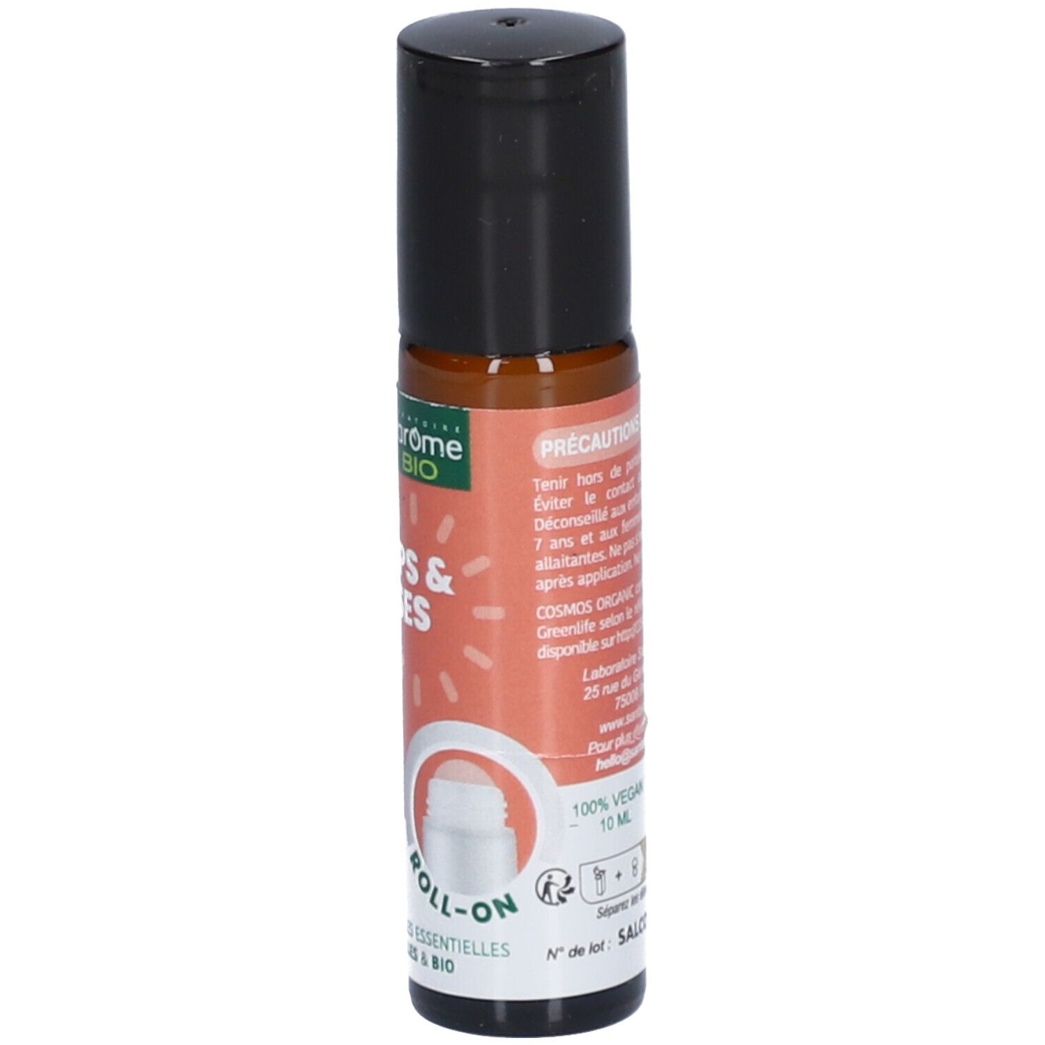 Flacon roll-on avec étiquette, nom du produit et précautions.