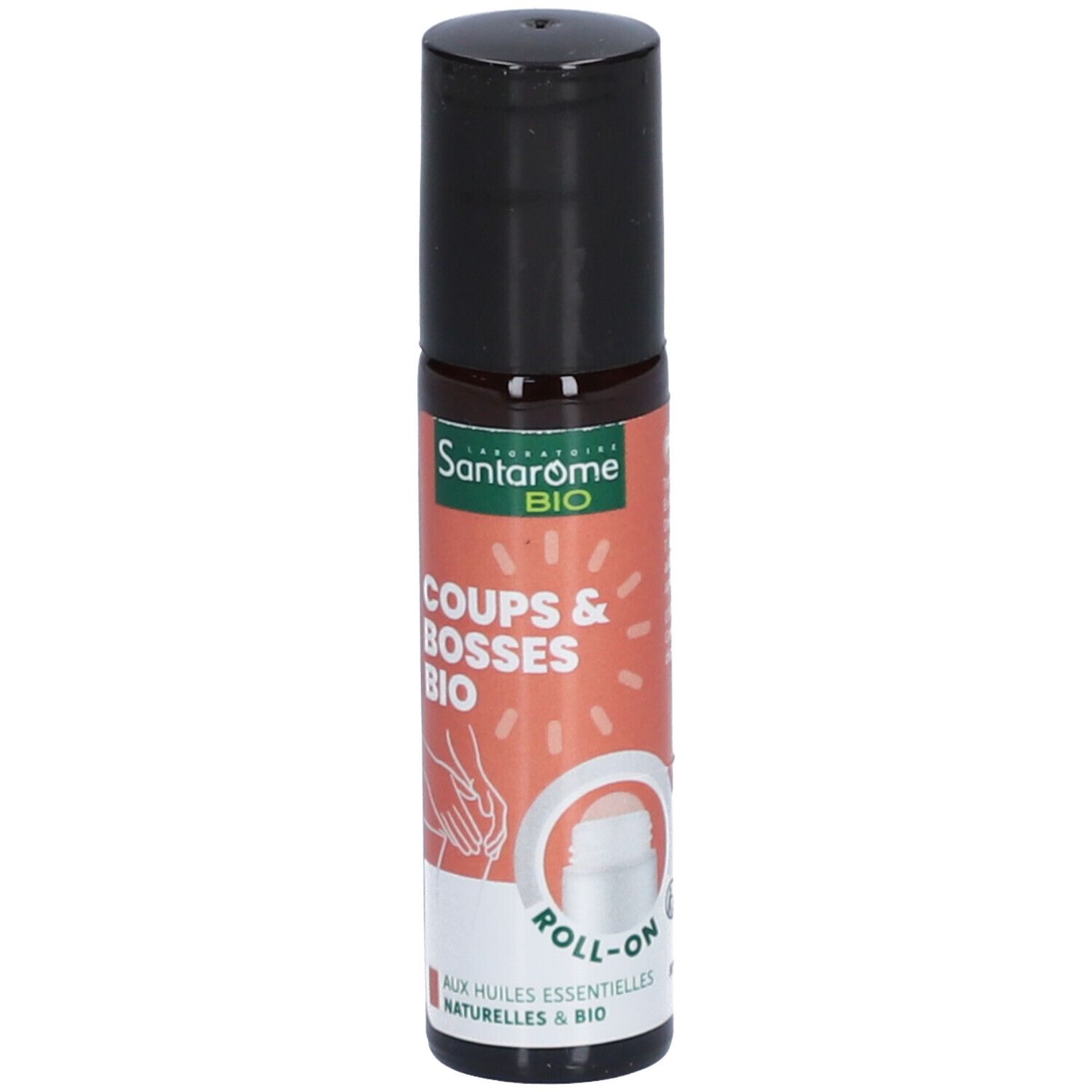 Flacon roll-on avec étiquette, nom du produit et logo.