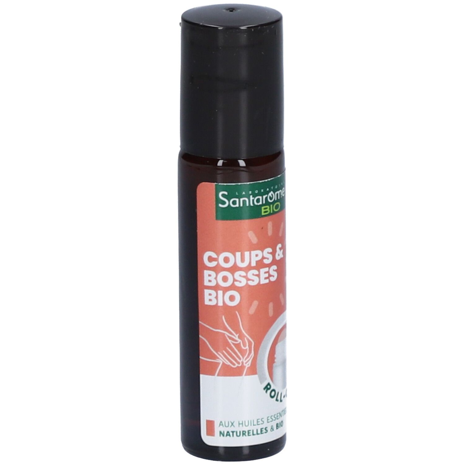 Flacon roll-on avec étiquette, nom du produit et logo.