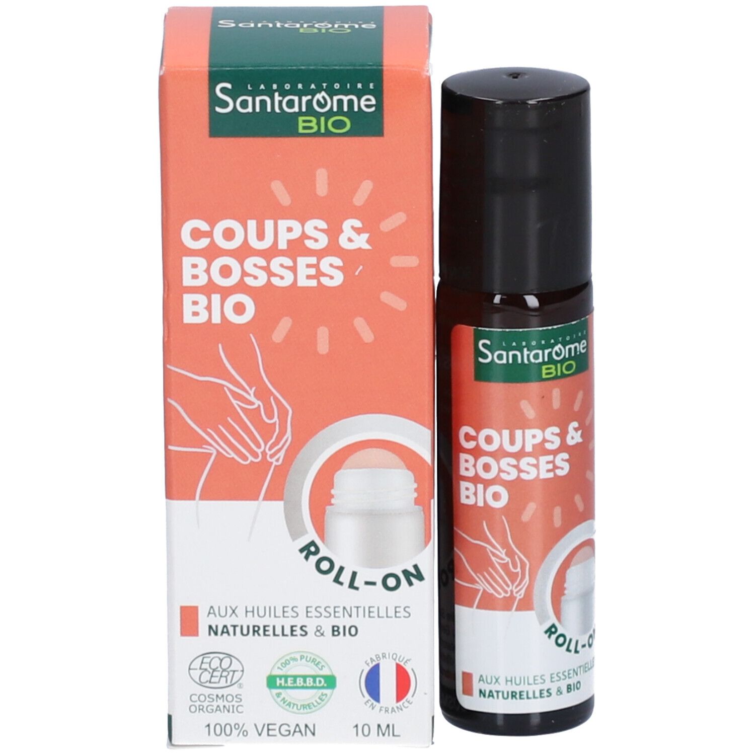 Produit et emballage. Flacon roll-on à côté de l'emballage carton.