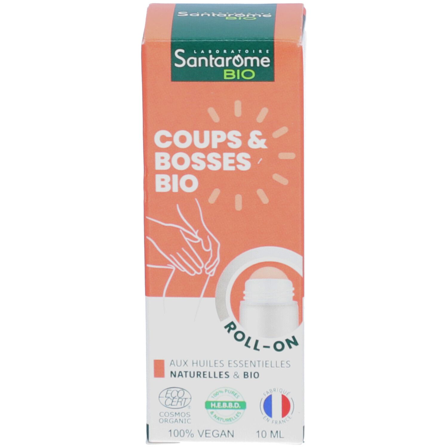 Emballage carton avec nom du produit, logo et certifications.