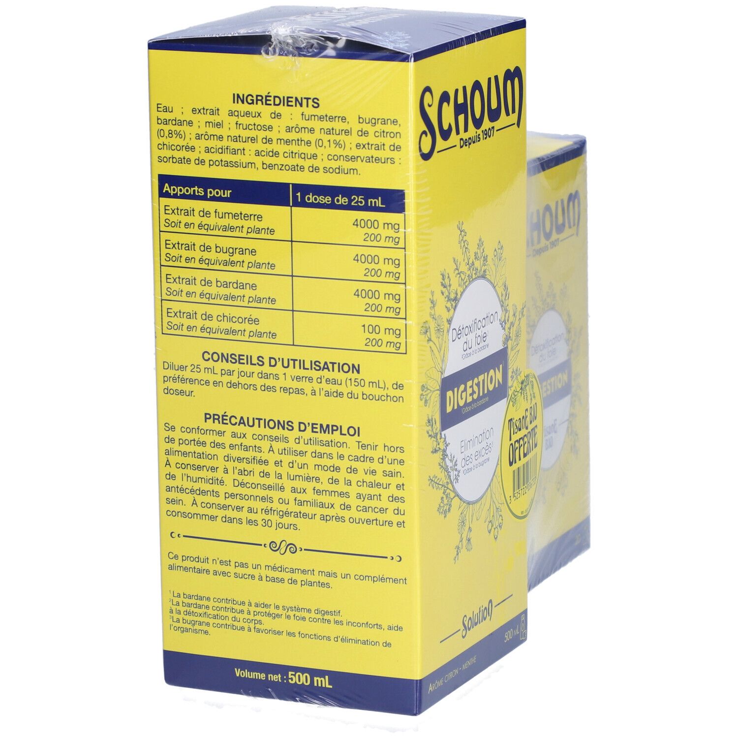 Boîte jaune avec inscription bleue. Inscription: SCHOUM, DIGESTION, Solution. Liste des ingrédients et posologie. Volume: 500 ml.