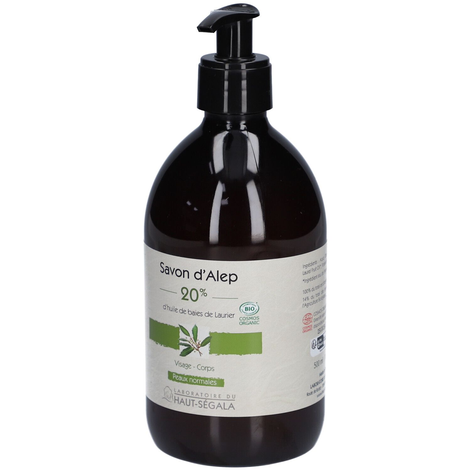 Flacon brun avec pompe noire. Étiquette avec texte: Savon d'Alep 20%, d'huile de baies de Laurier. Label bio.