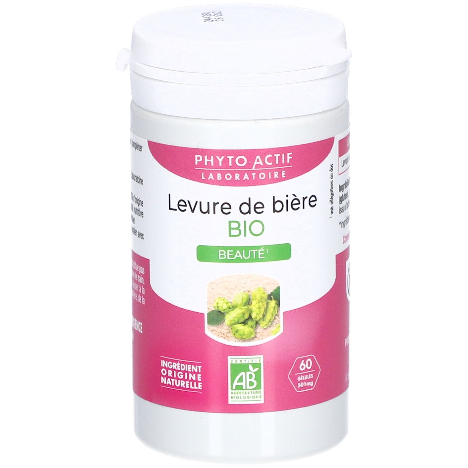 Boîte blanche avec étiquettes roses et vertes. Inscription: PHYTO ACTIF, Levure de bière BIO, Beauté. Label AB Bio. 60 gélules.