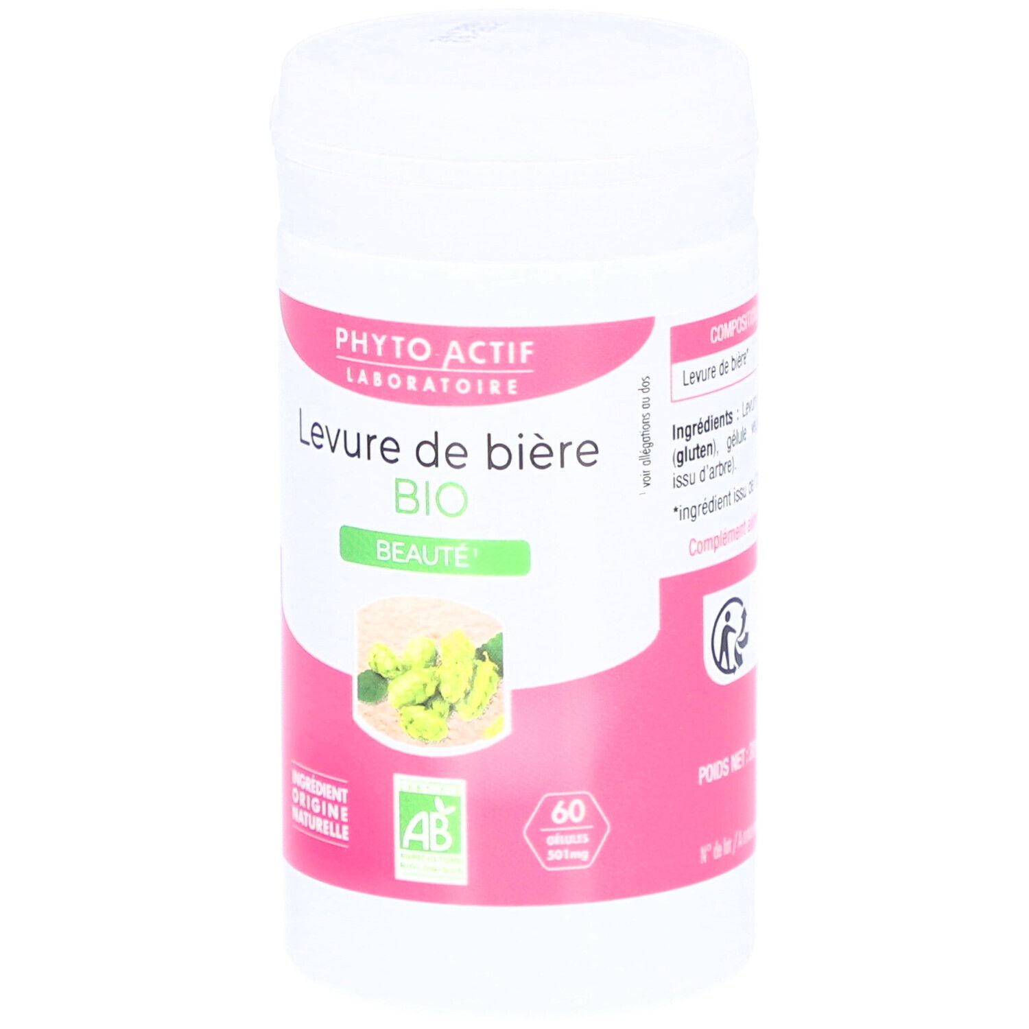 Boîte blanche avec étiquettes roses et vertes. Inscription: PHYTO ACTIF, Levure de bière BIO, Beauté. Label AB Bio. 60 gélules.