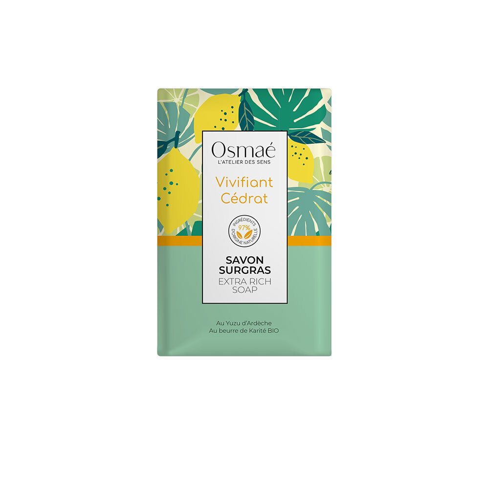 Savon avec motif floral et citrons. Inscription: Osmaé, Vivifiant Cédrat, Savon Surgras, Extra Rich Soap. Avec certification bio.