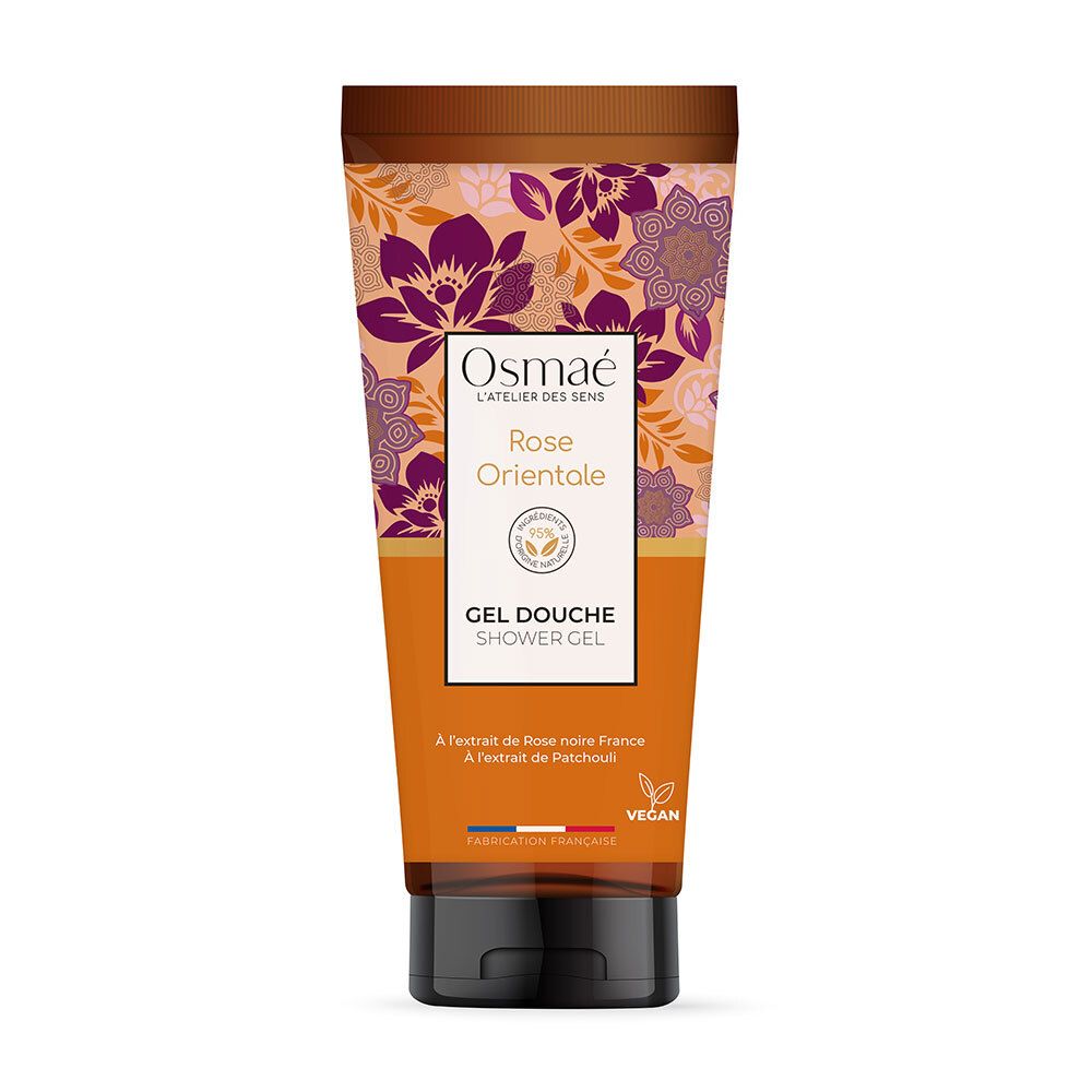 Tube de gel douche avec motifs floraux et nom du produit. Texte: Osmaé, Rose Orientale, Gel Douche. Label Vegan. Drapeau français.