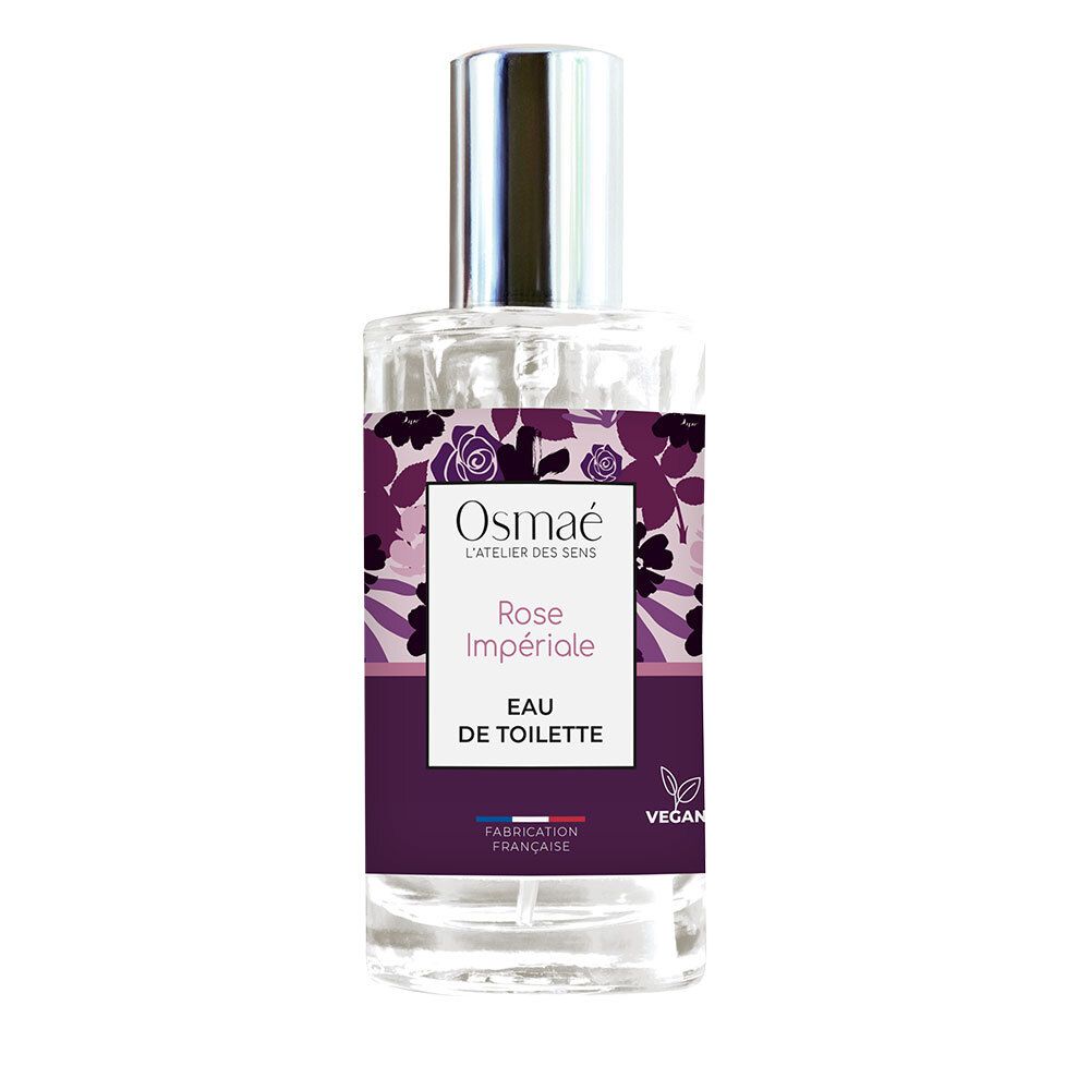 Flacon d'Eau de toilette Rose Impériale. Bouchon argenté. Étiquette violette avec motif floral et nom du produit. Vegan.