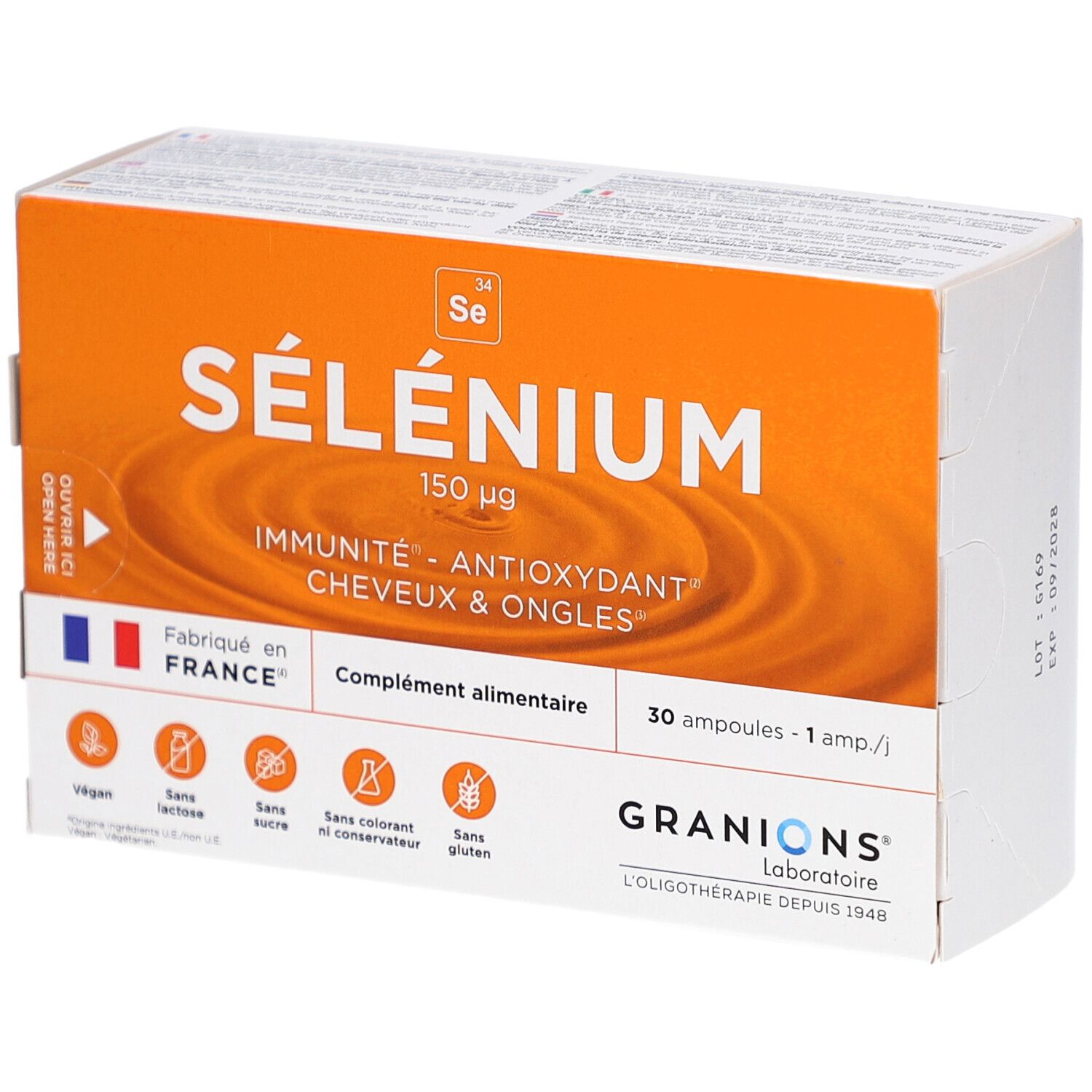 Boîte de GRANIONS SELENIUM AMP 30. Emballage orange et blanc avec nom et informations. Contient 30 ampoules.