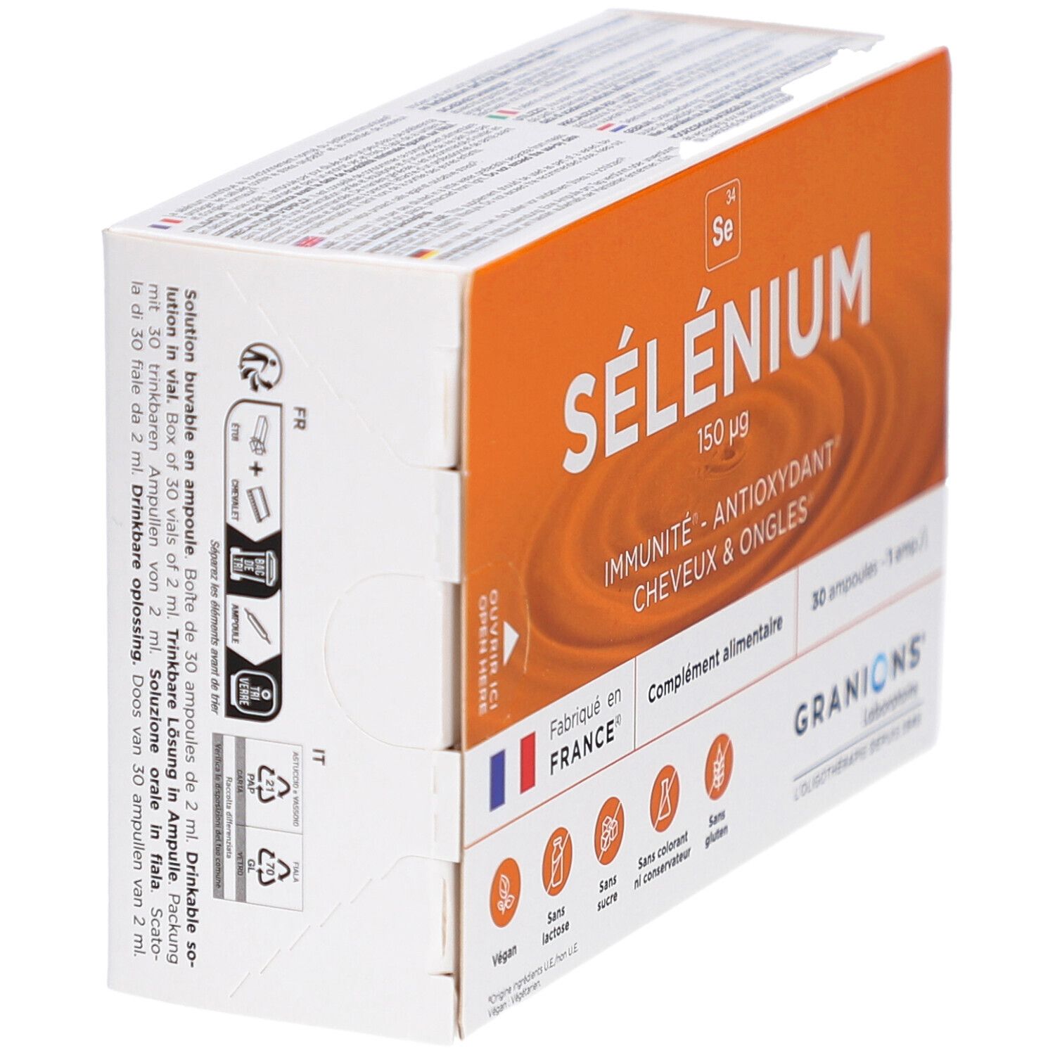 Boîte GRANIONS SELENIUM AMP 30, vue latérale. Emballage orange et blanc. Contient 30 ampoules. Fabriqué en France.
