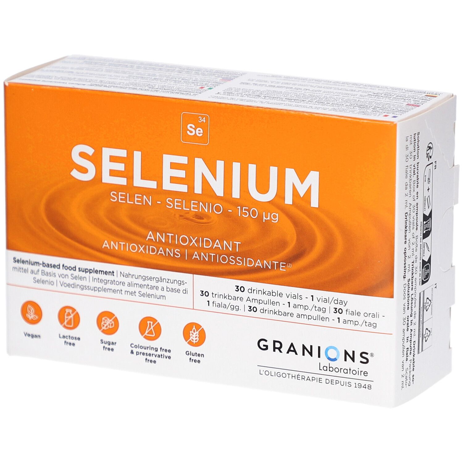 Boîte GRANIONS SELENIUM AMP 30. Emballage orange et blanc avec nom et informations. 30 ampoules buvables.