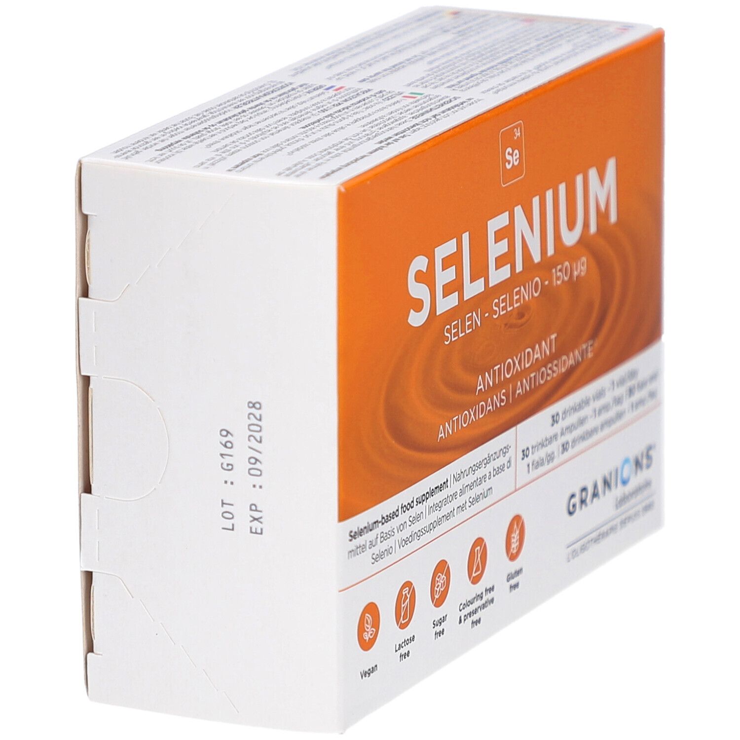 Boîte GRANIONS SELENIUM AMP 30, vue latérale. Emballage orange et blanc avec informations. 30 ampoules buvables.
